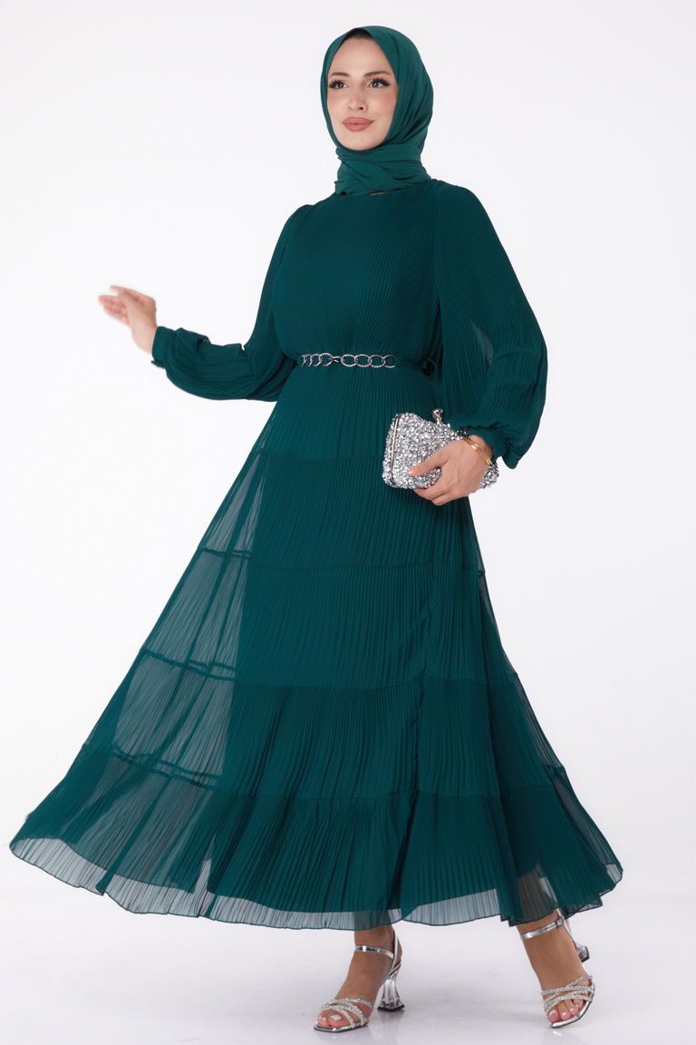 Pliseli Abiye Elbise Zumrut - 26198 - TOFİSA