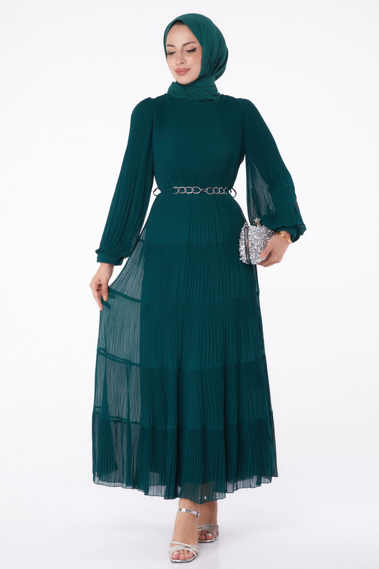Pliseli Abiye Elbise Zumrut - 26198 - TOFİSA