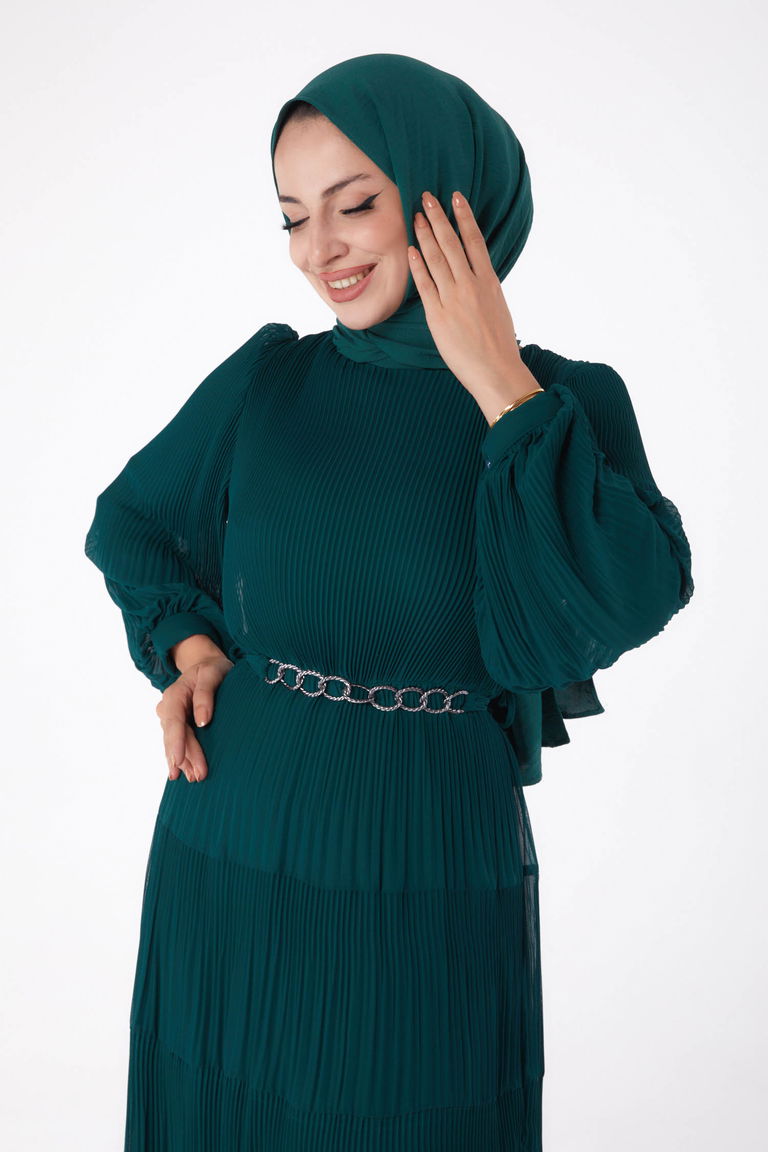Pliseli Abiye Elbise Zumrut - 26198 - TOFİSA