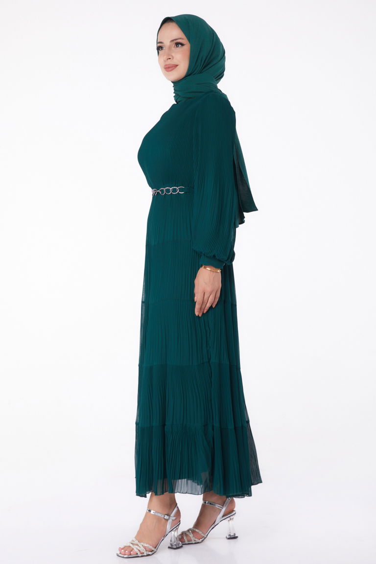 Pliseli Abiye Elbise Zumrut - 26198 - TOFİSA