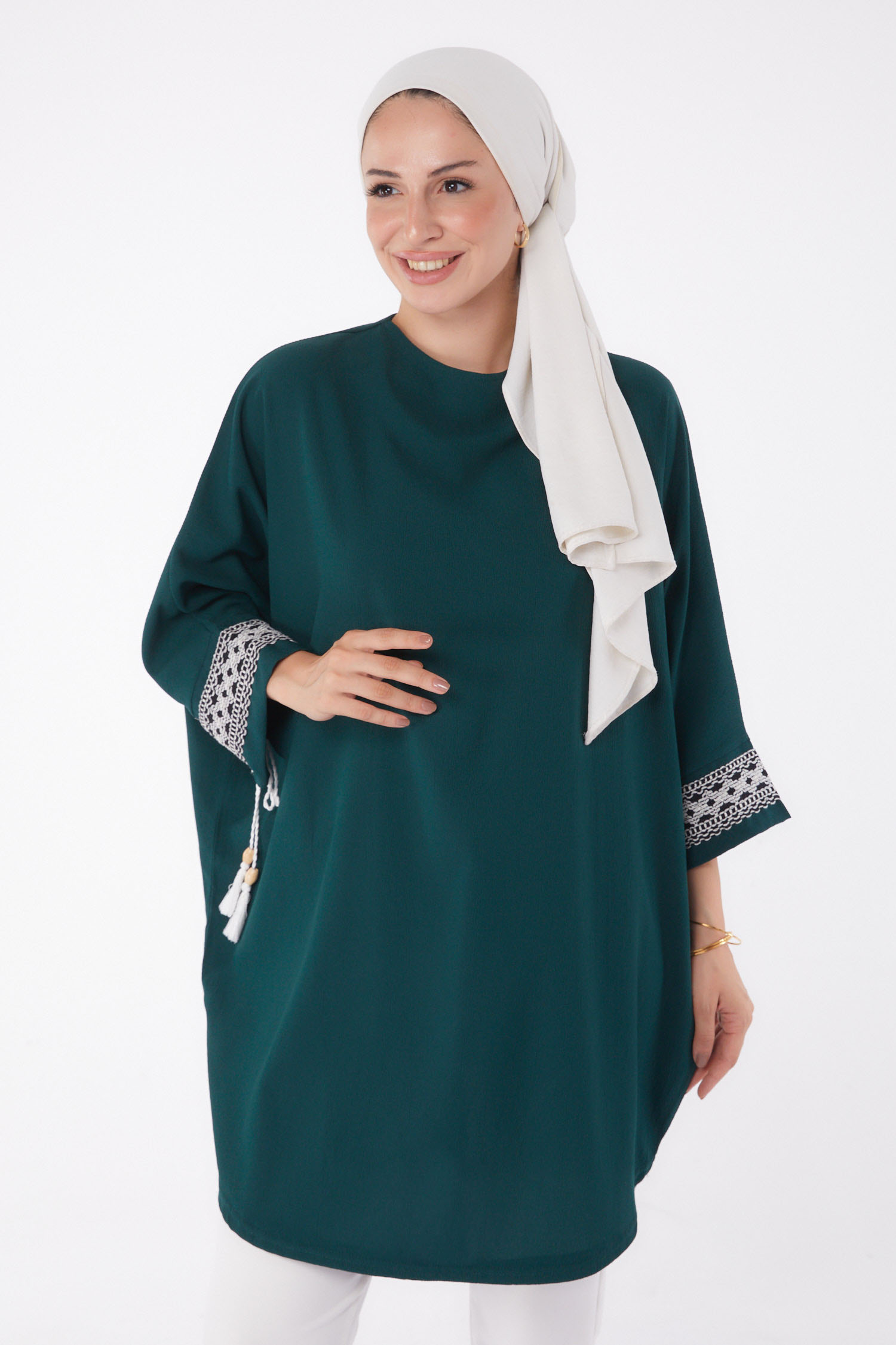 Püsküllü Yarasa Kollu Tunik Zümrüt - 13256 - 1