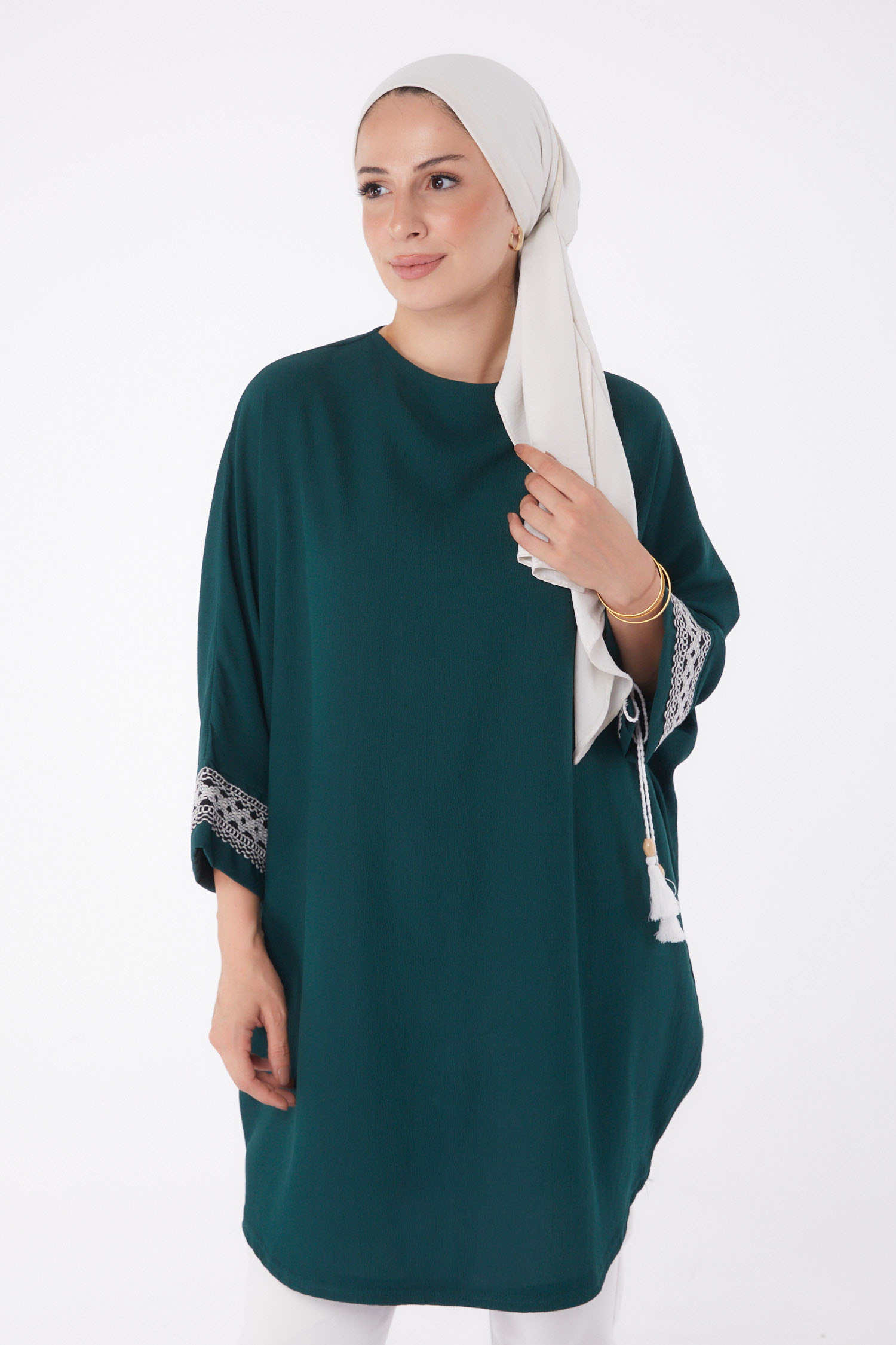 Püsküllü Yarasa Kollu Tunik Zümrüt - 13256 - 2