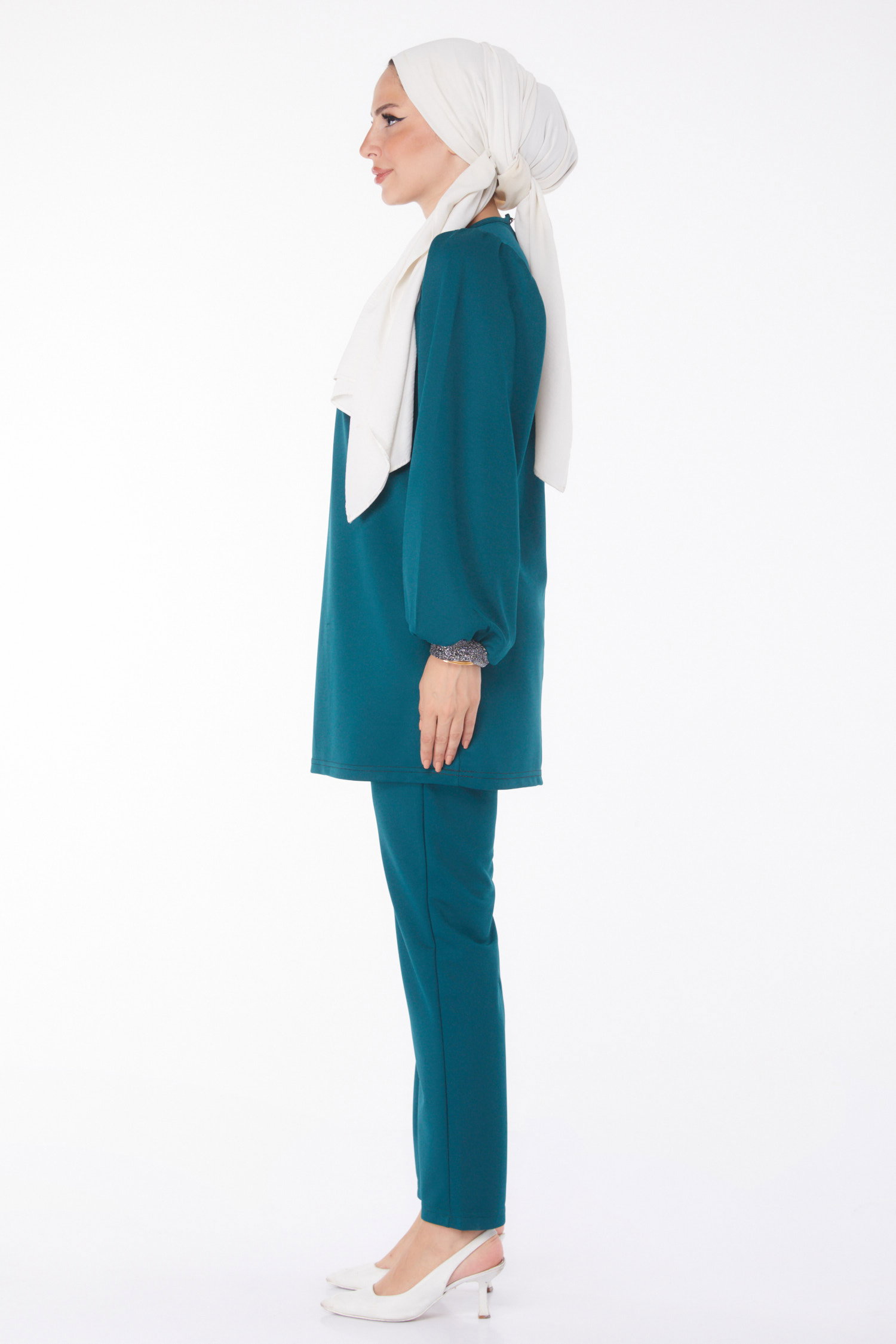 Düz Bisiklet Yaka Kadın Zümrüt Sim Detaylı İkili Takım - 13205 - 4