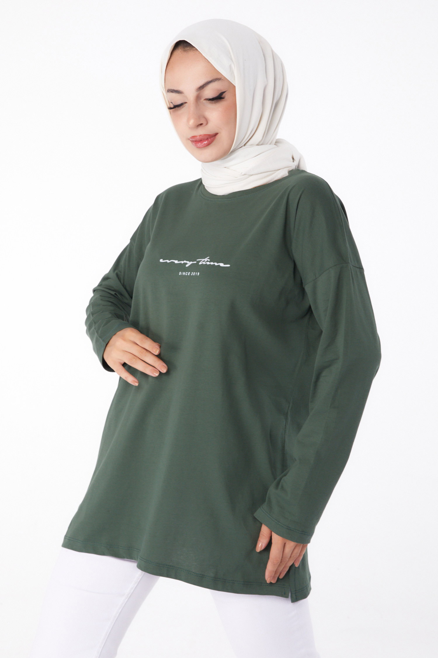 Düz Bisiklet Yaka Kadın Zümrüt T-Shirt - 24190 - 1