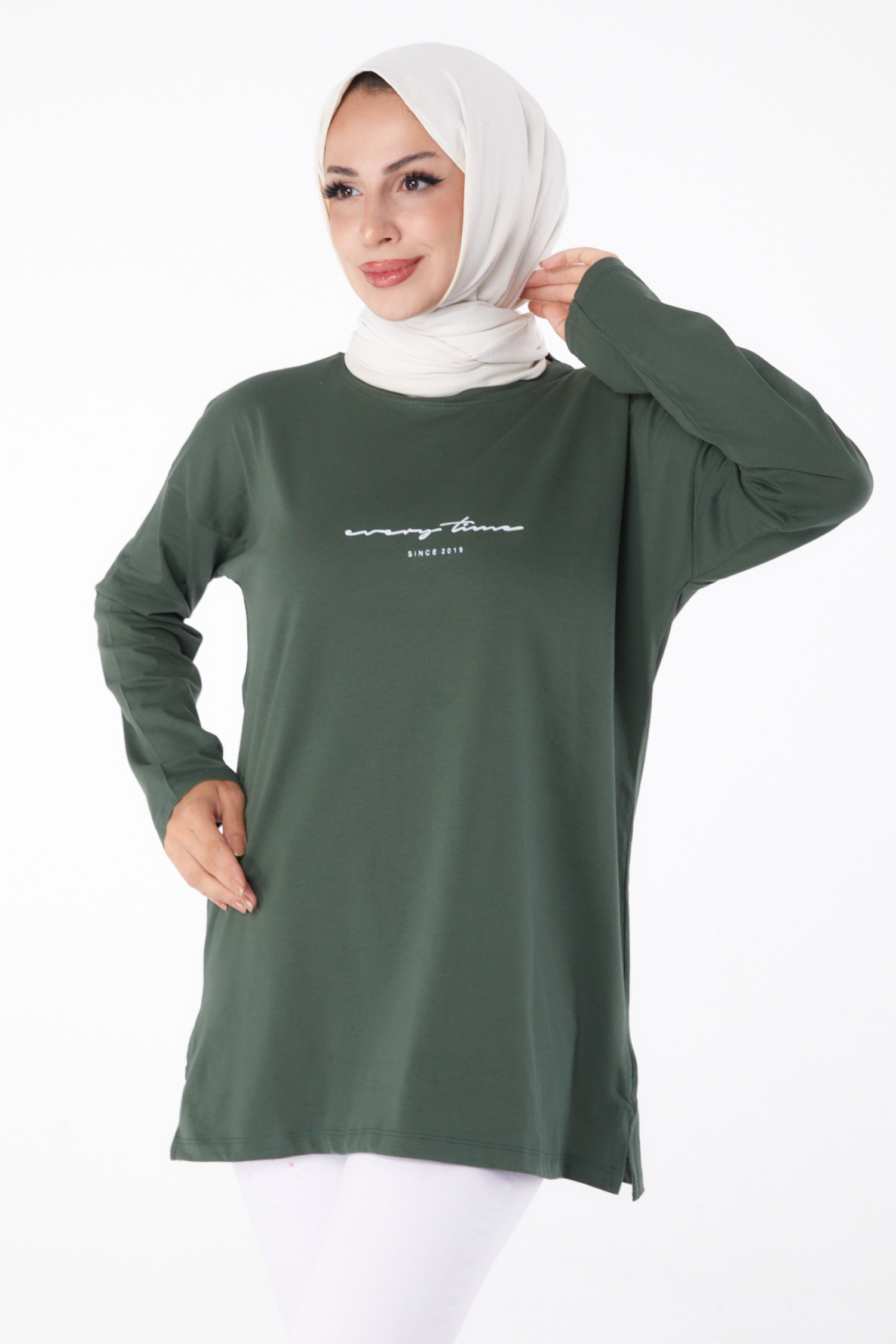 Düz Bisiklet Yaka Kadın Zümrüt T-Shirt - 24190 - 2