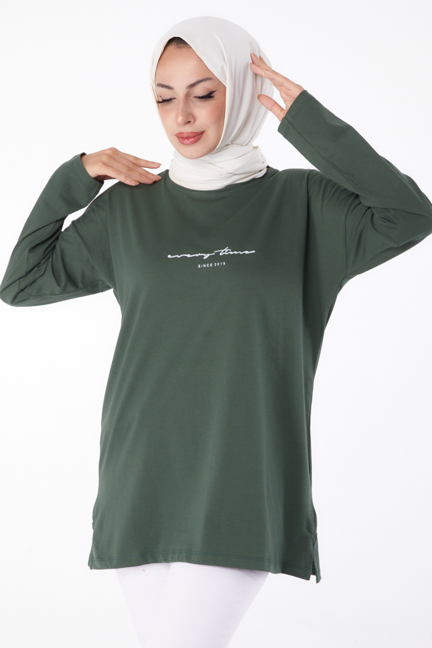 Düz Bisiklet Yaka Kadın Zümrüt T-Shirt - 24190 - 3