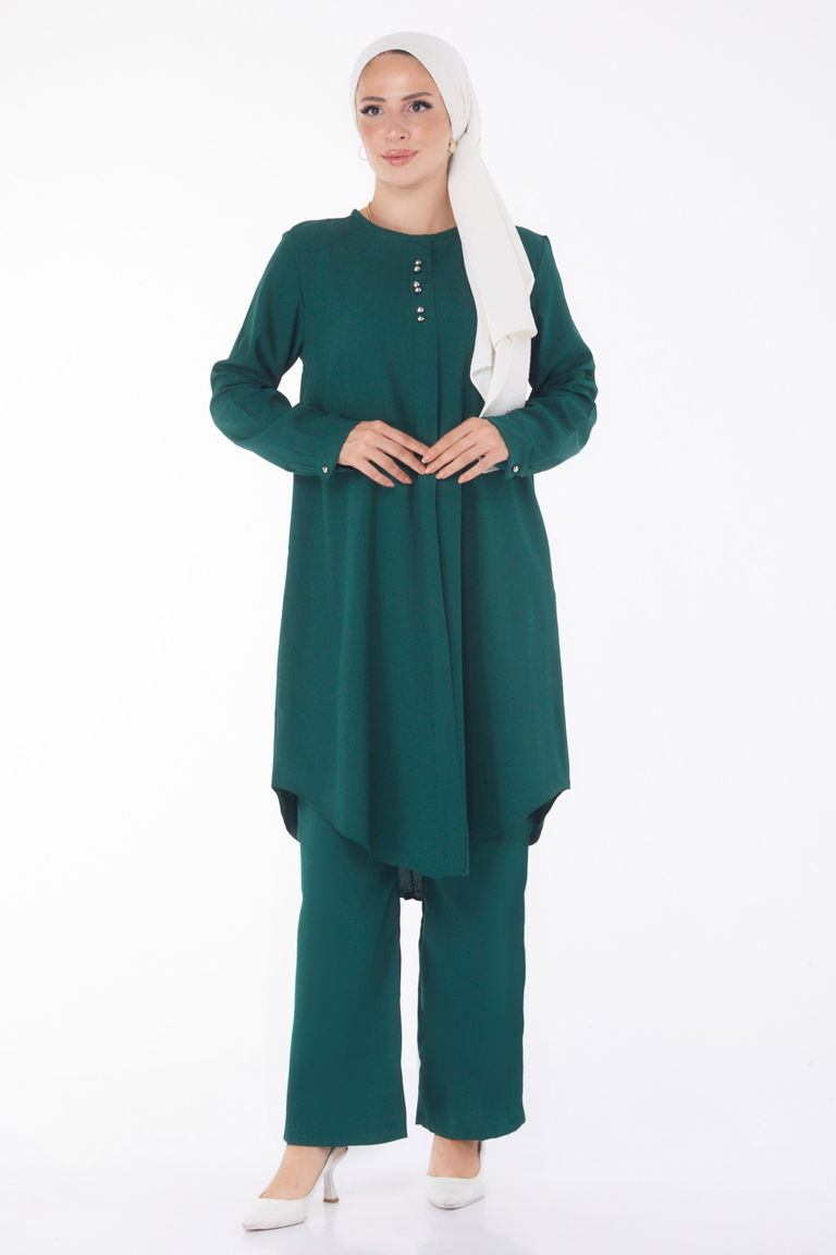 Düz Bisiklet Yaka Kadın Zümrüt Tunik Pantolon - 13122 - TOFİSA