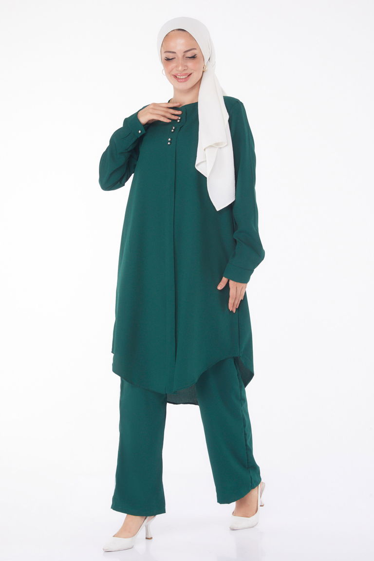 Düz Bisiklet Yaka Kadın Zümrüt Tunik Pantolon - 13122 - TOFİSA