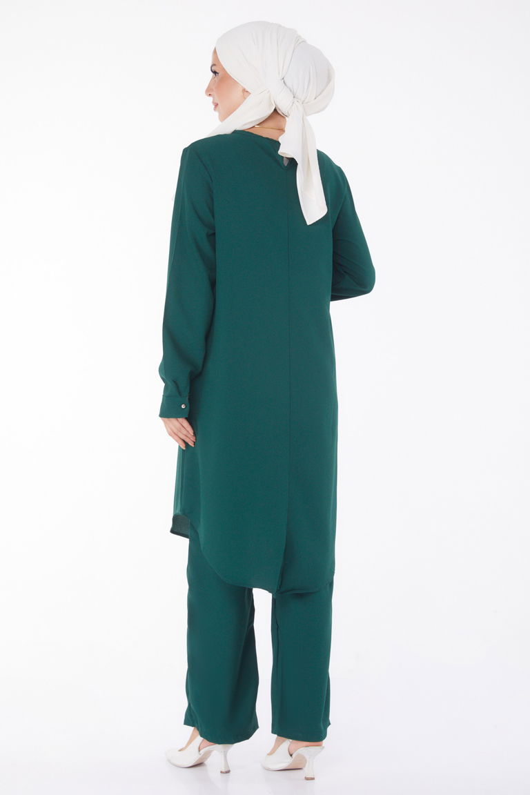 Düz Bisiklet Yaka Kadın Zümrüt Tunik Pantolon - 13122 - TOFİSA