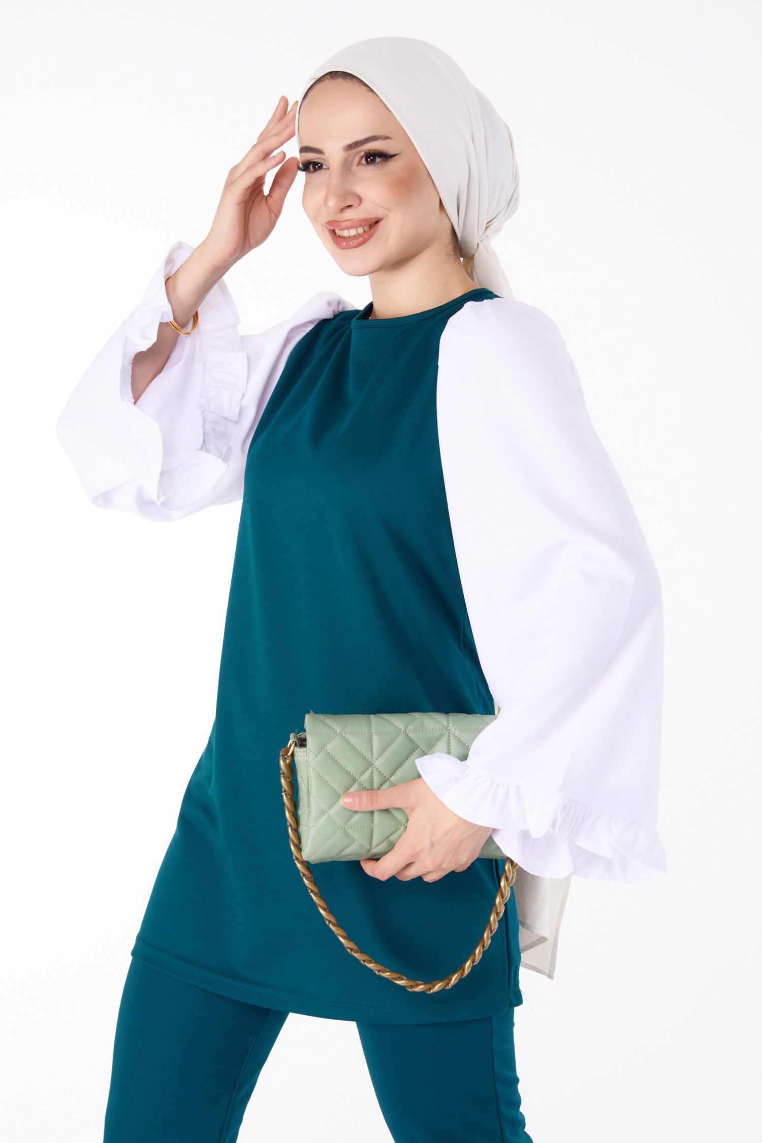 Düz Bisiklet Yaka Kadın Zümrüt Tunik Pantolon İkili Takım - 13198 - 1