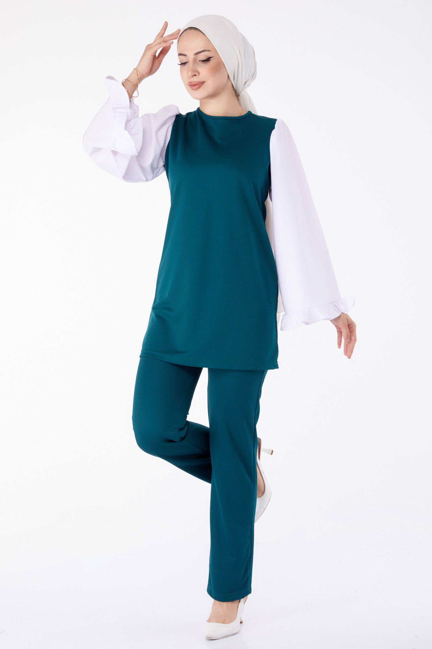 Düz Bisiklet Yaka Kadın Zümrüt Tunik Pantolon İkili Takım - 13198 - 2