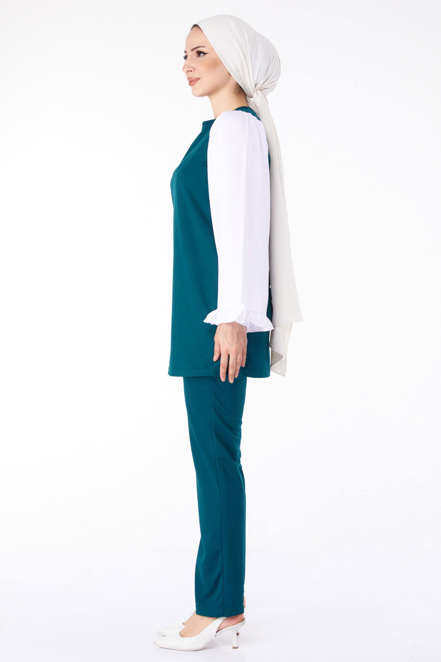 Düz Bisiklet Yaka Kadın Zümrüt Tunik Pantolon İkili Takım - 13198 - 3