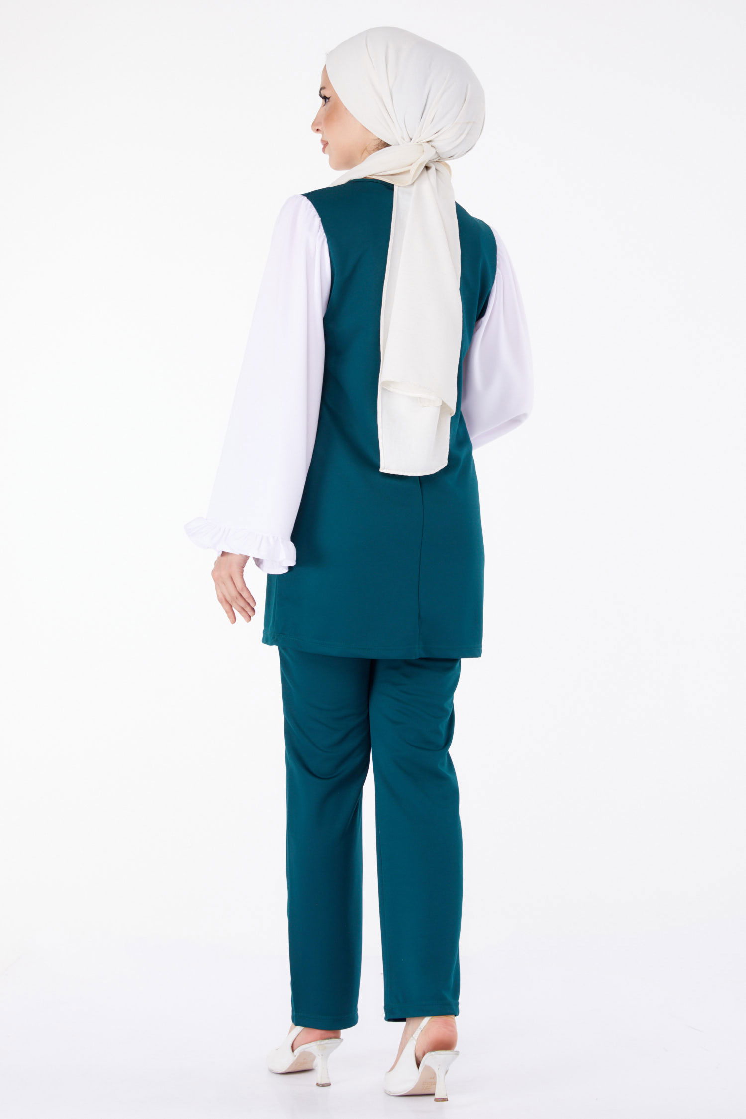 Düz Bisiklet Yaka Kadın Zümrüt Tunik Pantolon İkili Takım - 13198 - 4