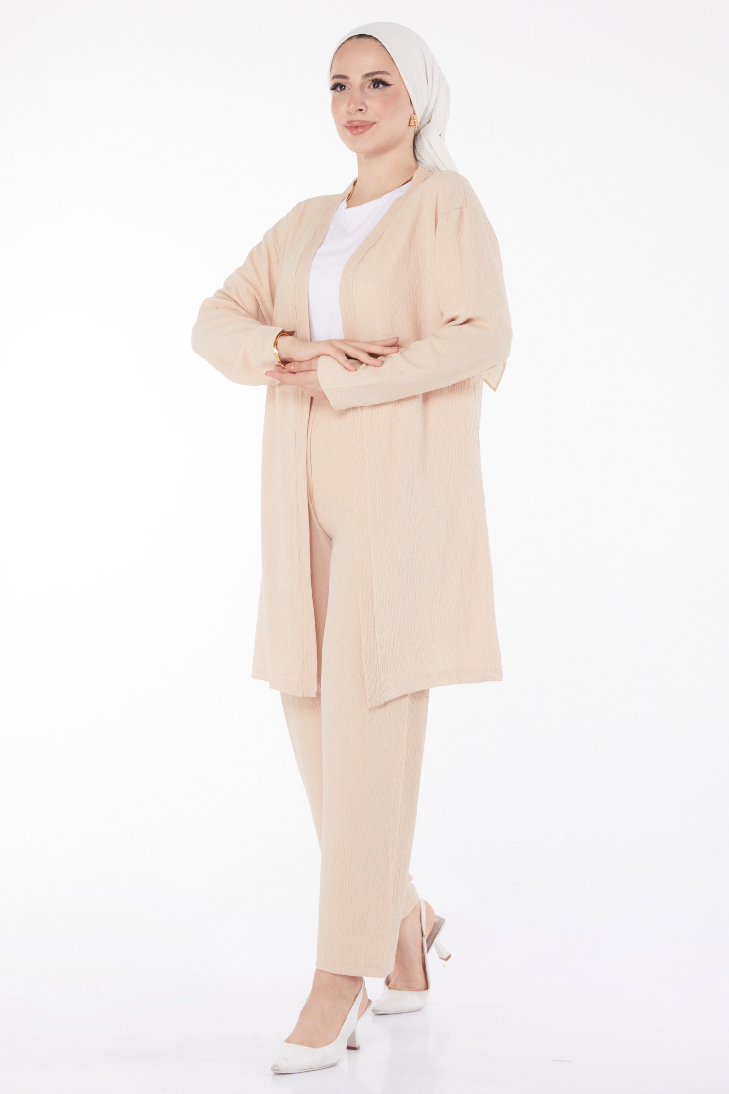 Düz Ceket Yaka Kadın Bej Kimono Pantolon İkili Takım - 25113 - 2