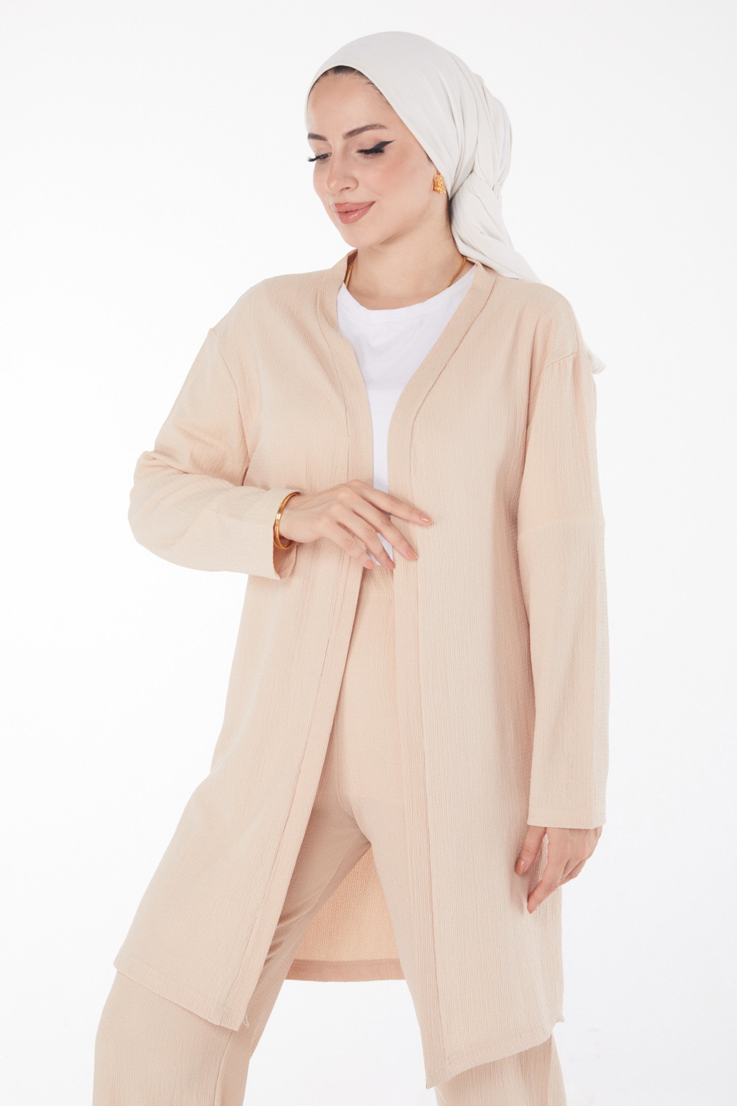 Düz Ceket Yaka Kadın Bej Kimono Pantolon İkili Takım - 25113 - 3