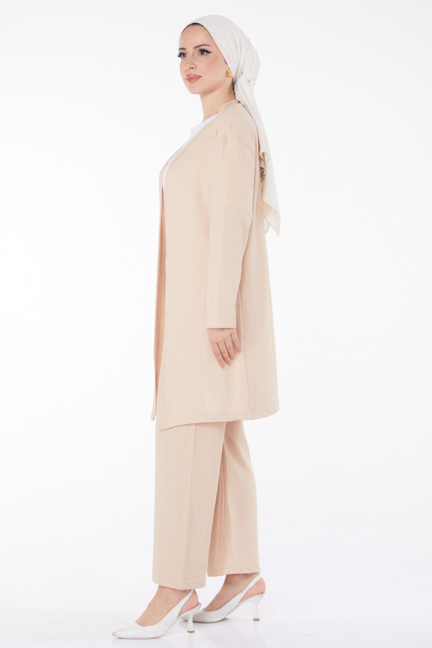 Düz Ceket Yaka Kadın Bej Kimono Pantolon İkili Takım - 25113 - 4