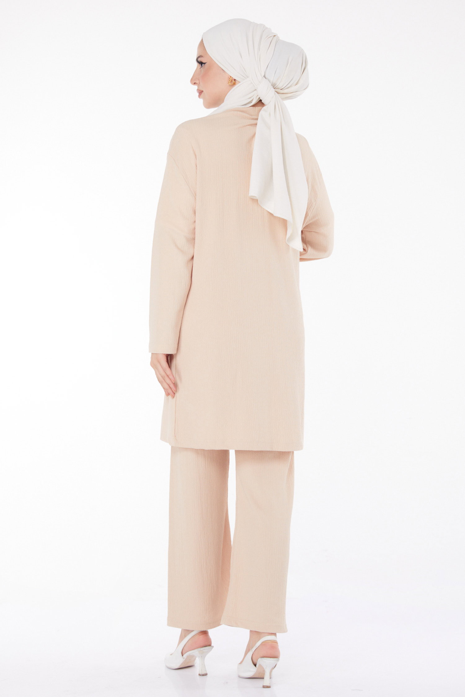 Düz Ceket Yaka Kadın Bej Kimono Pantolon İkili Takım - 25113 - 5