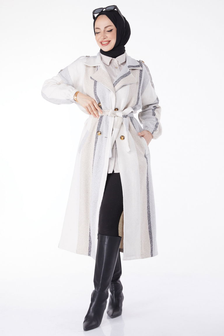 Düz Ceket Yaka Kadın Bej Kuşaklı Kaşe Kaban - 13135 - TOFİSA