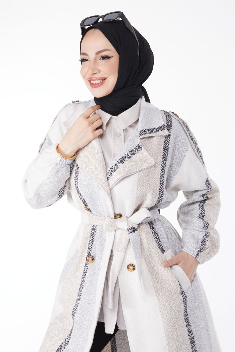 Düz Ceket Yaka Kadın Bej Kuşaklı Kaşe Kaban - 13135 - TOFİSA