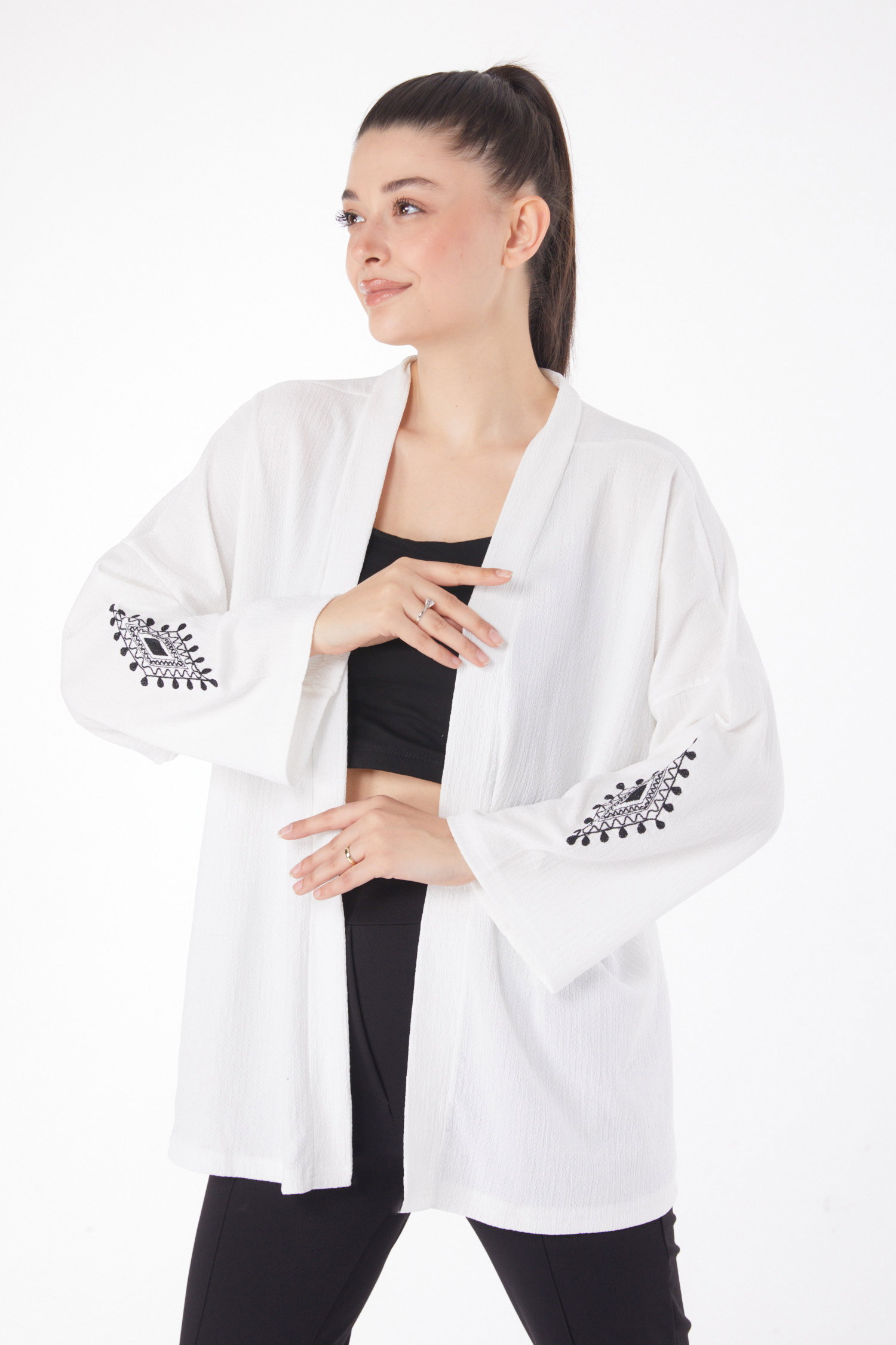 Düz Ceket Yaka Kadın Beyaz Kol Baskılı Kimono - 25860 - 1