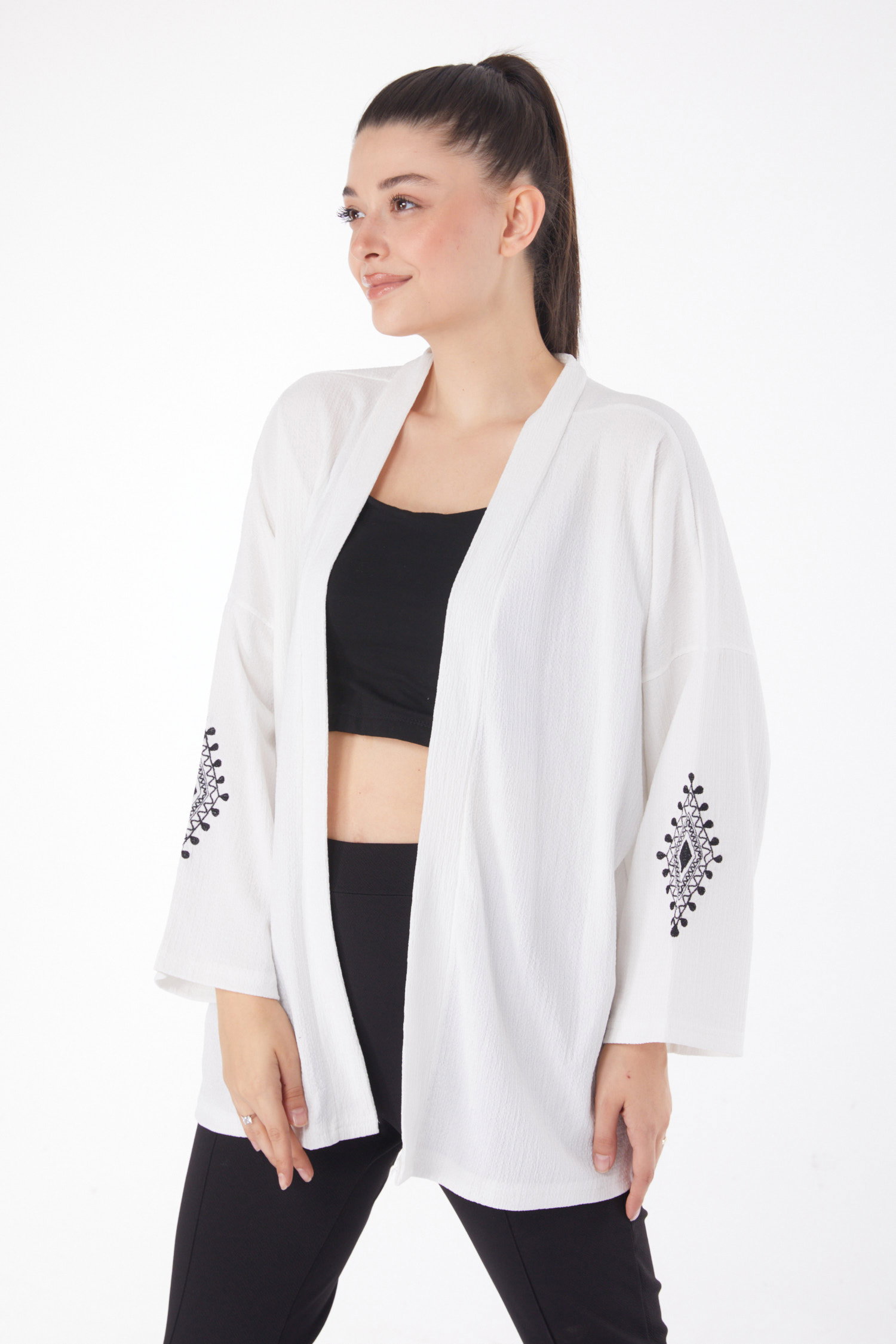 Düz Ceket Yaka Kadın Beyaz Kol Baskılı Kimono - 25860 - 2