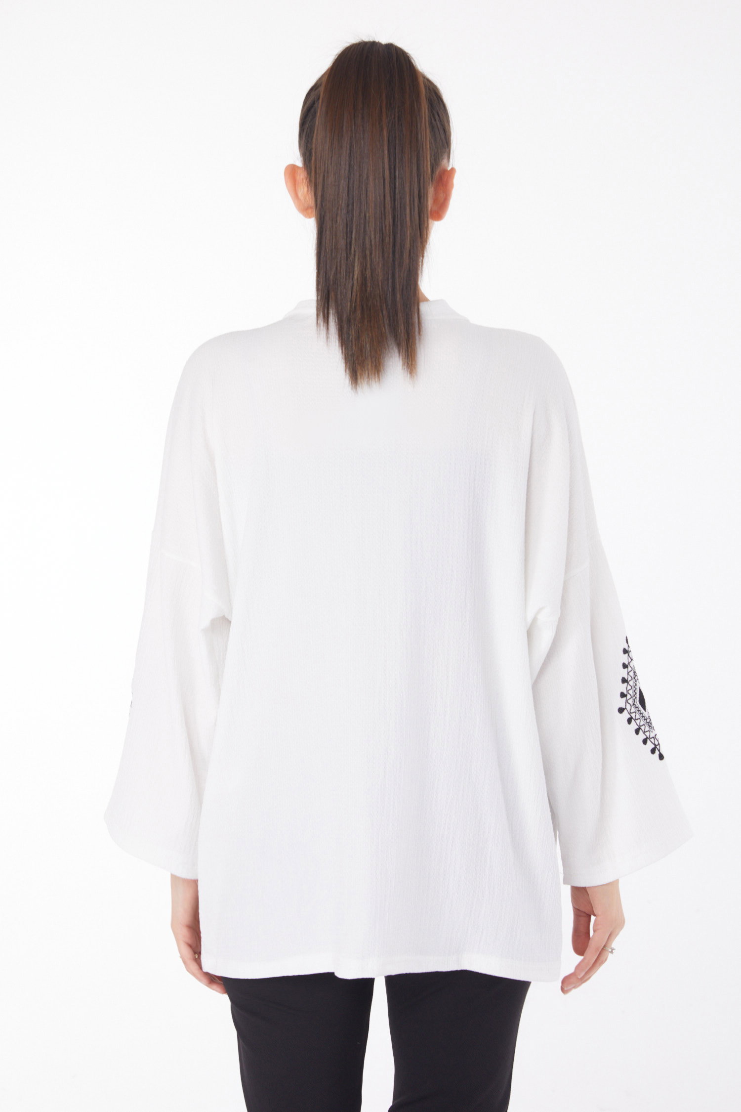 Düz Ceket Yaka Kadın Beyaz Kol Baskılı Kimono - 25860 - 6