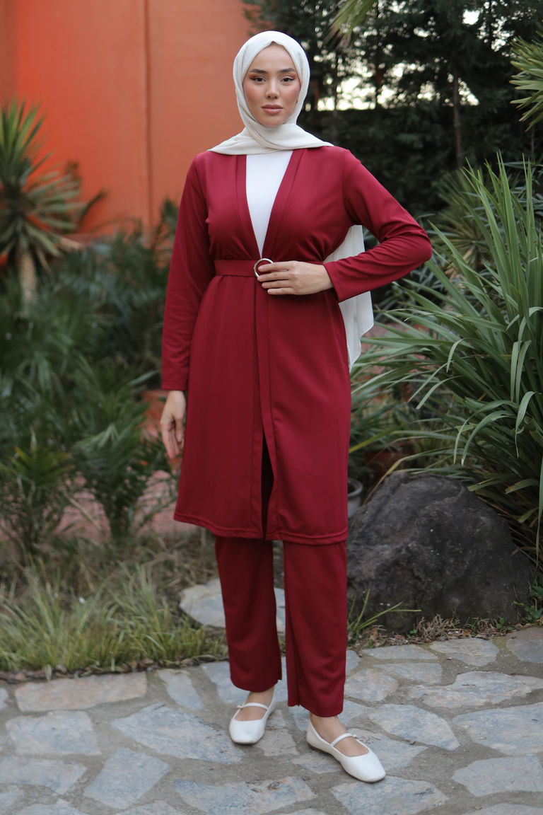 Düz Ceket Yaka Kadın Bordo Hırka Pantolon İkili Takım - 13197 - TOFİSA