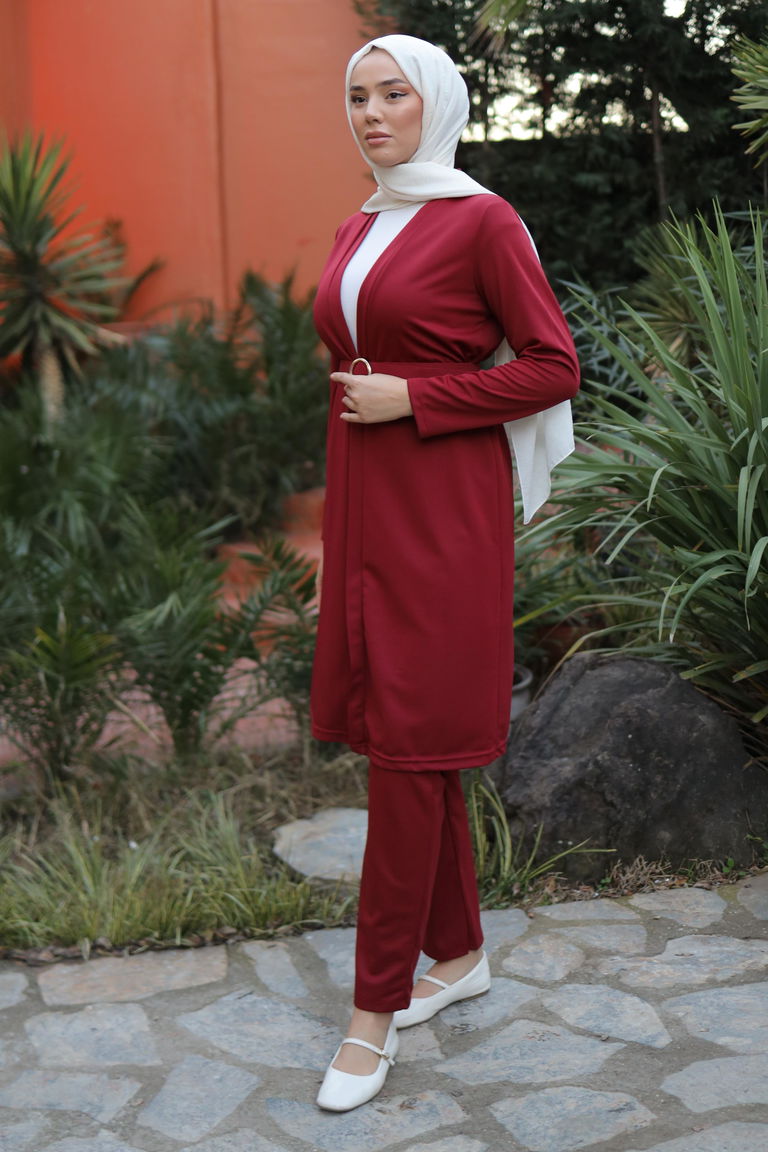 Düz Ceket Yaka Kadın Bordo Hırka Pantolon İkili Takım - 13197 - TOFİSA