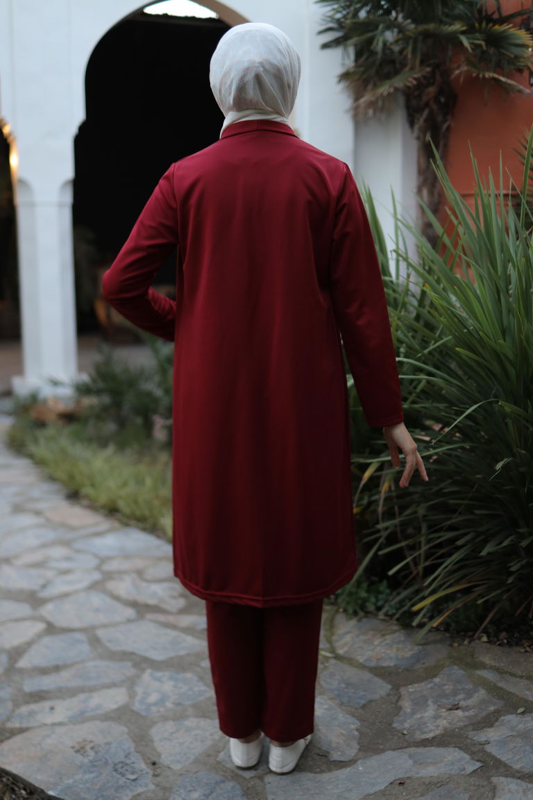 Düz Ceket Yaka Kadın Bordo Hırka Pantolon İkili Takım - 13197 - TOFİSA