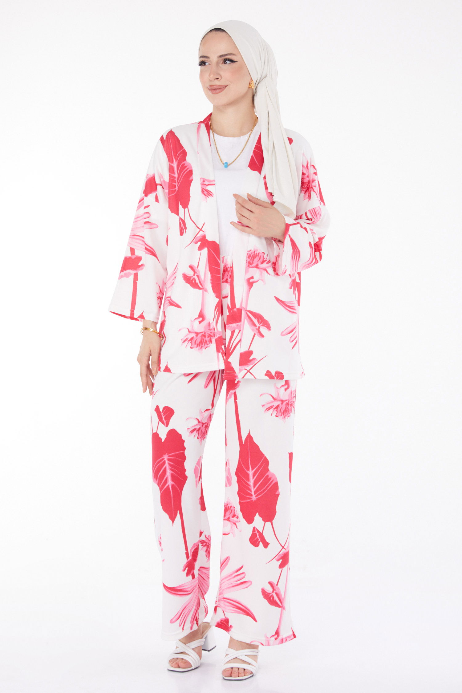 Düz Ceket Yaka Kadın Fuşya Desenli Kimono Takım - 25875 - 2