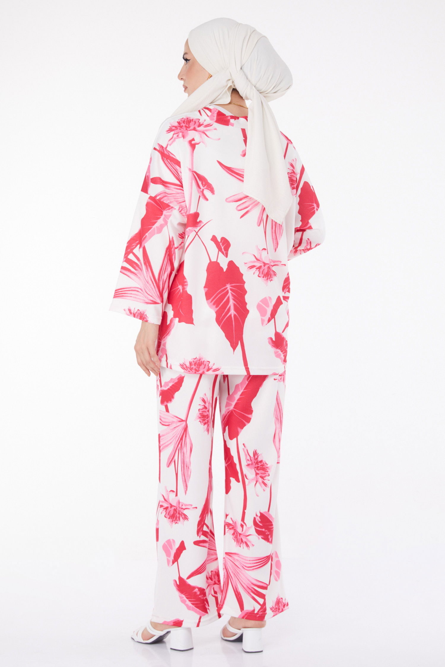 Düz Ceket Yaka Kadın Fuşya Desenli Kimono Takım - 25875 - 5