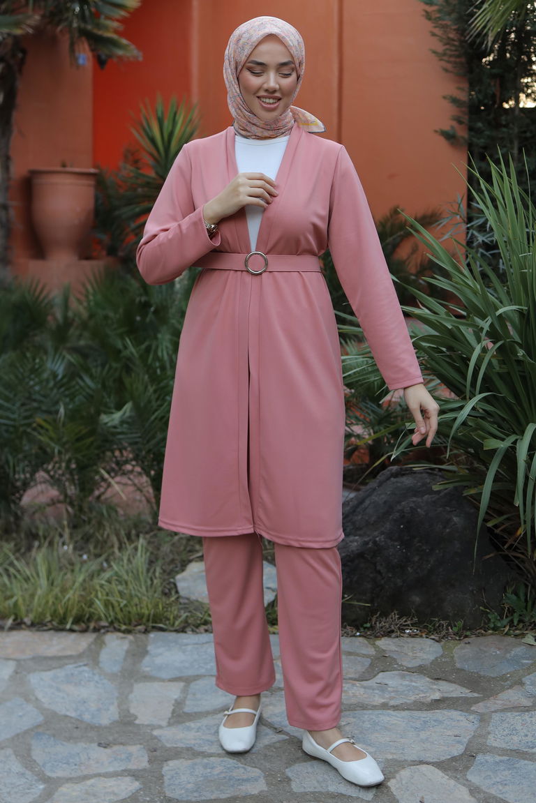Düz Ceket Yaka Kadın Gül Hırka Pantolon İkili Takım - 13197 - TOFİSA