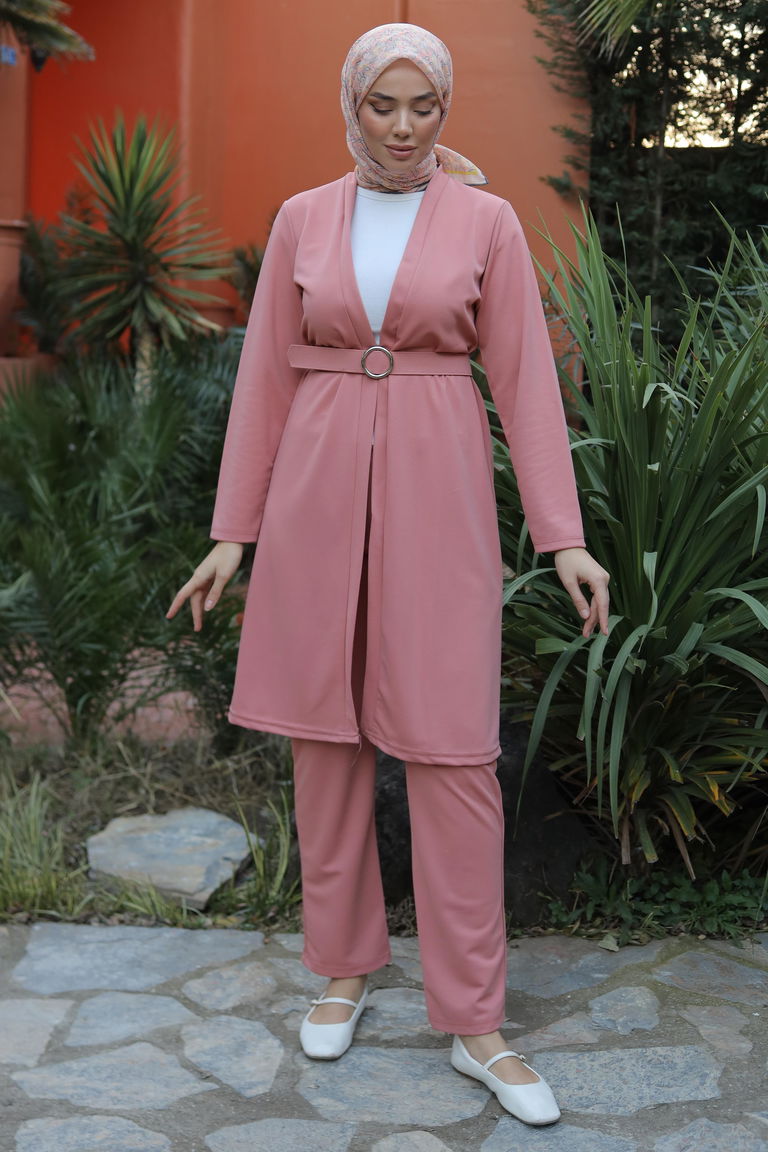 Düz Ceket Yaka Kadın Gül Hırka Pantolon İkili Takım - 13197 - TOFİSA