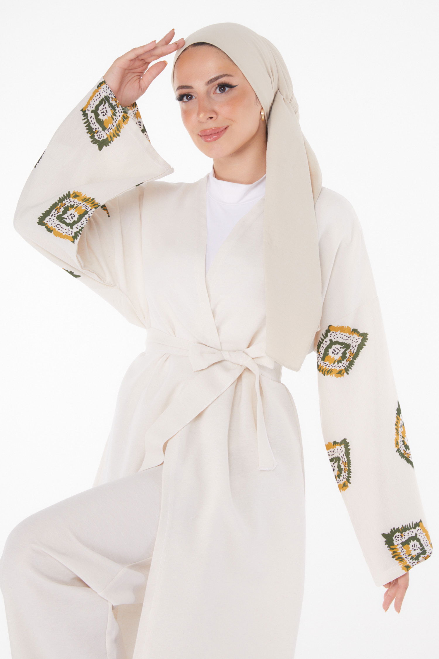 Düz Ceket Yaka Kadın Haki Kimono Pantolon İkili Takım - 13193 - 1