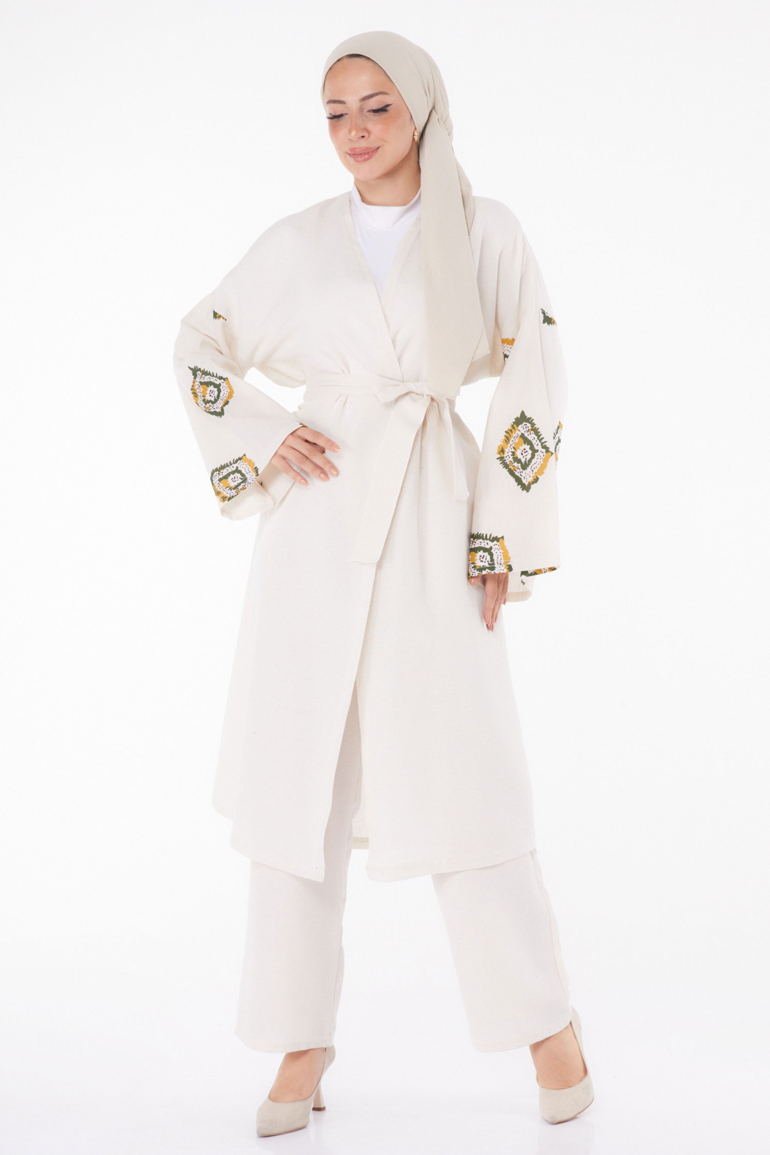 Düz Ceket Yaka Kadın Haki Kimono Pantolon İkili Takım - 13193 - 2