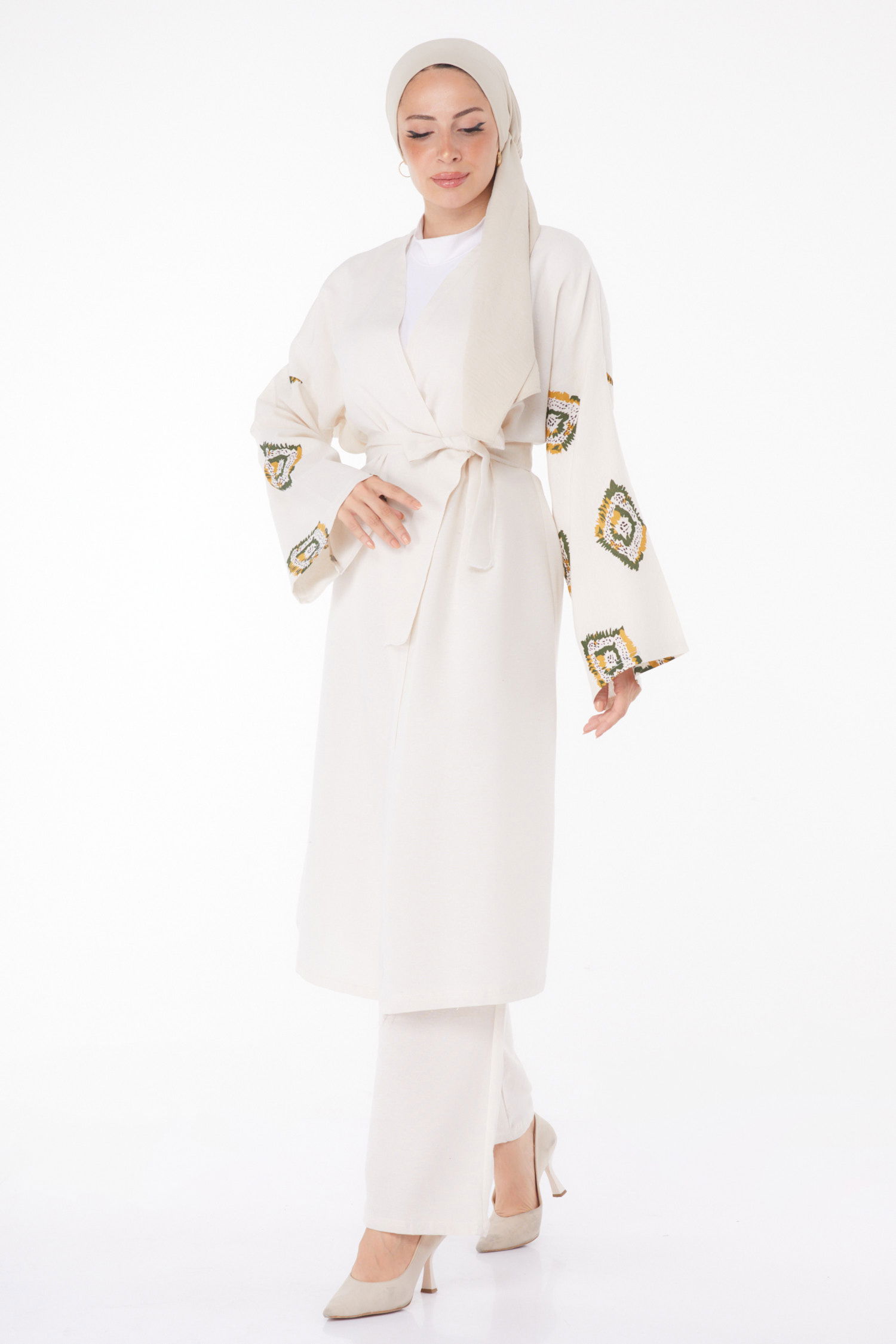 Düz Ceket Yaka Kadın Haki Kimono Pantolon İkili Takım - 13193 - 3