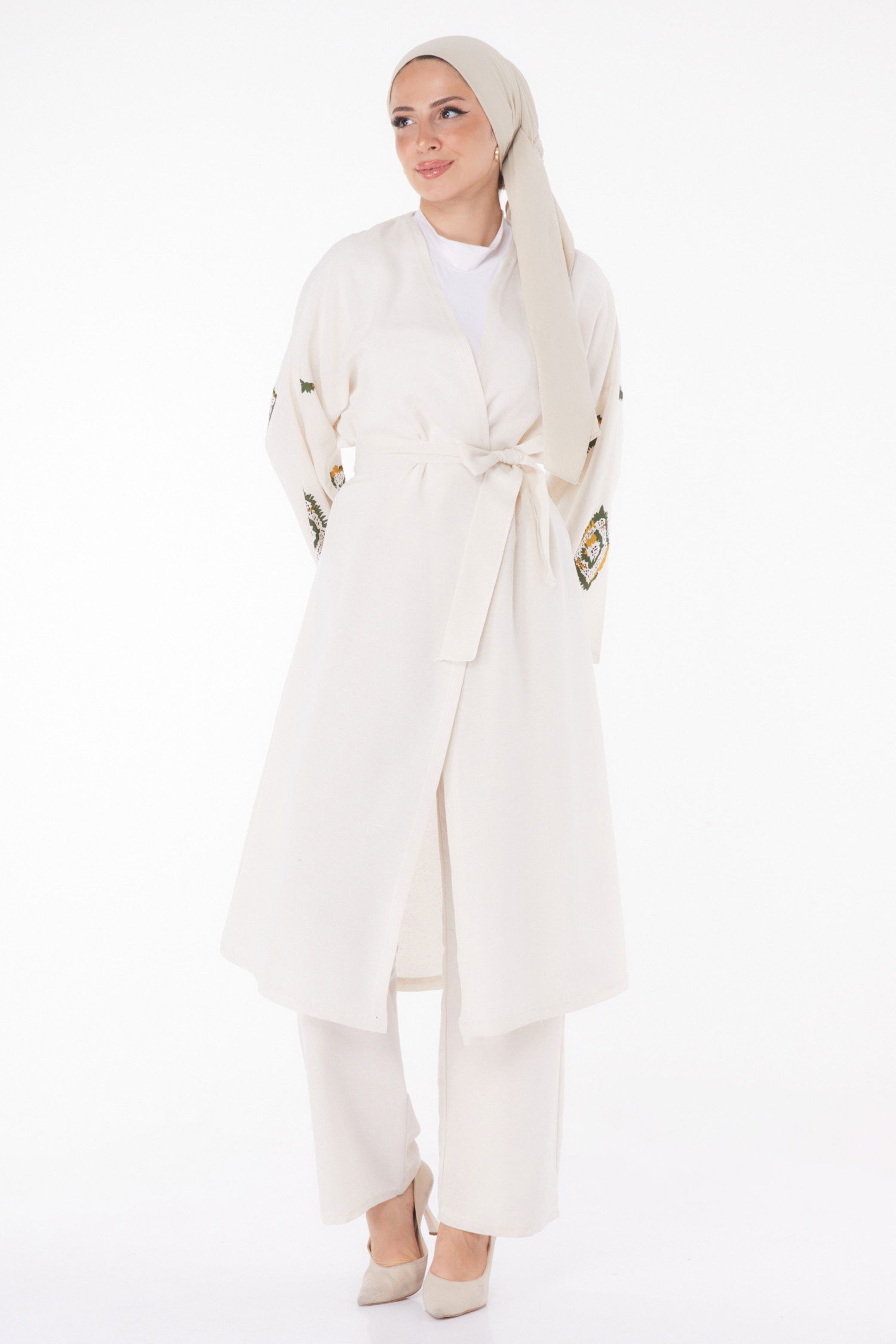 Düz Ceket Yaka Kadın Haki Kimono Pantolon İkili Takım - 13193 - 4