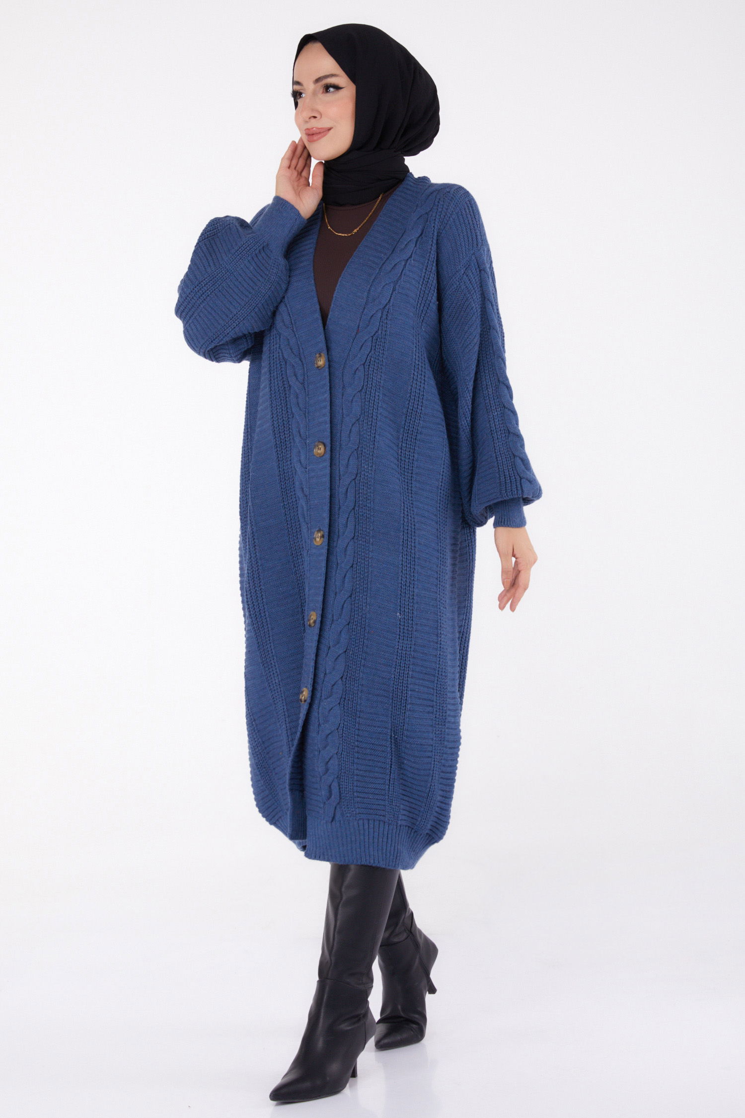 Düz Ceket Yaka Kadın Indigo Triko Hırka - 23593 - 2
