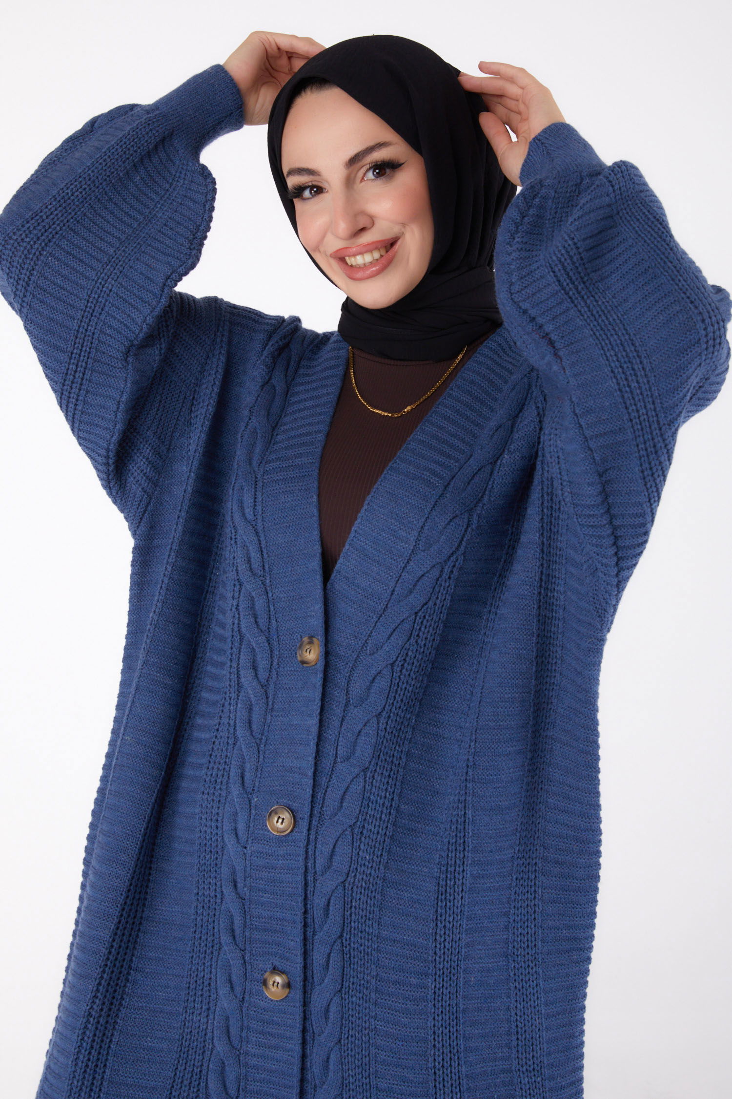 Düz Ceket Yaka Kadın Indigo Triko Hırka - 23593 - 3