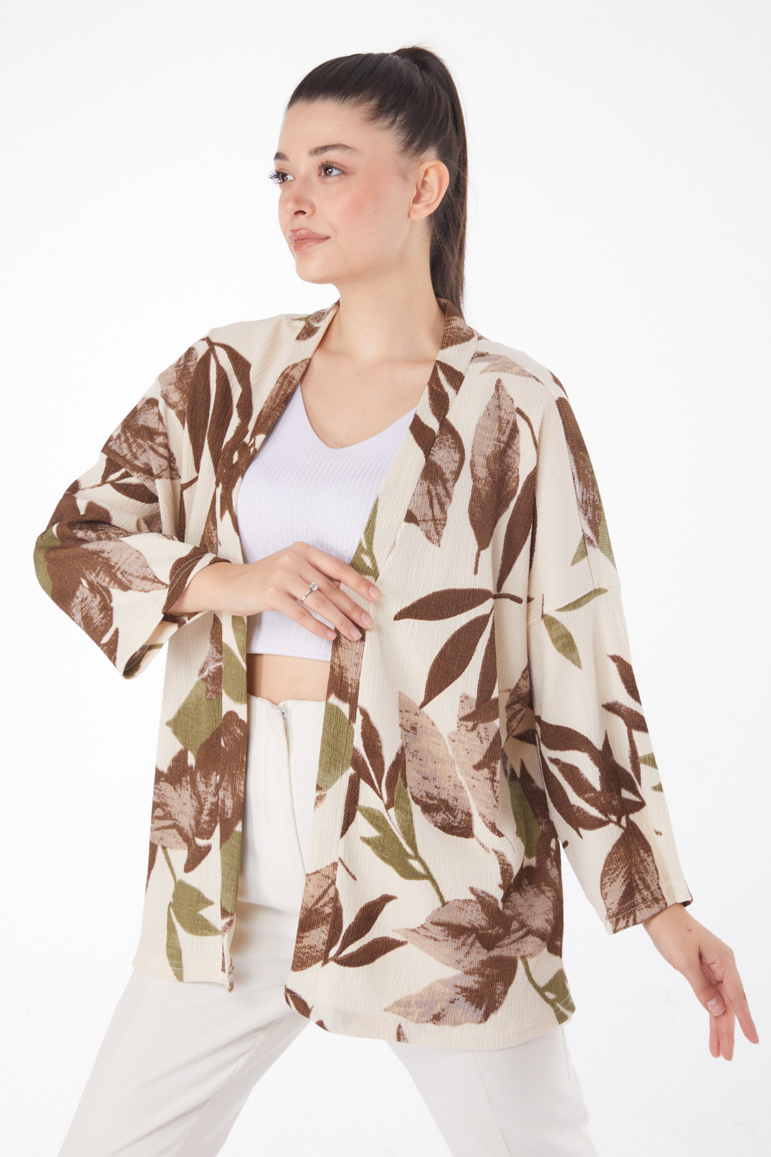 Düz Ceket Yaka Kadın Kahve Desenli Kimono - 25869 - 1