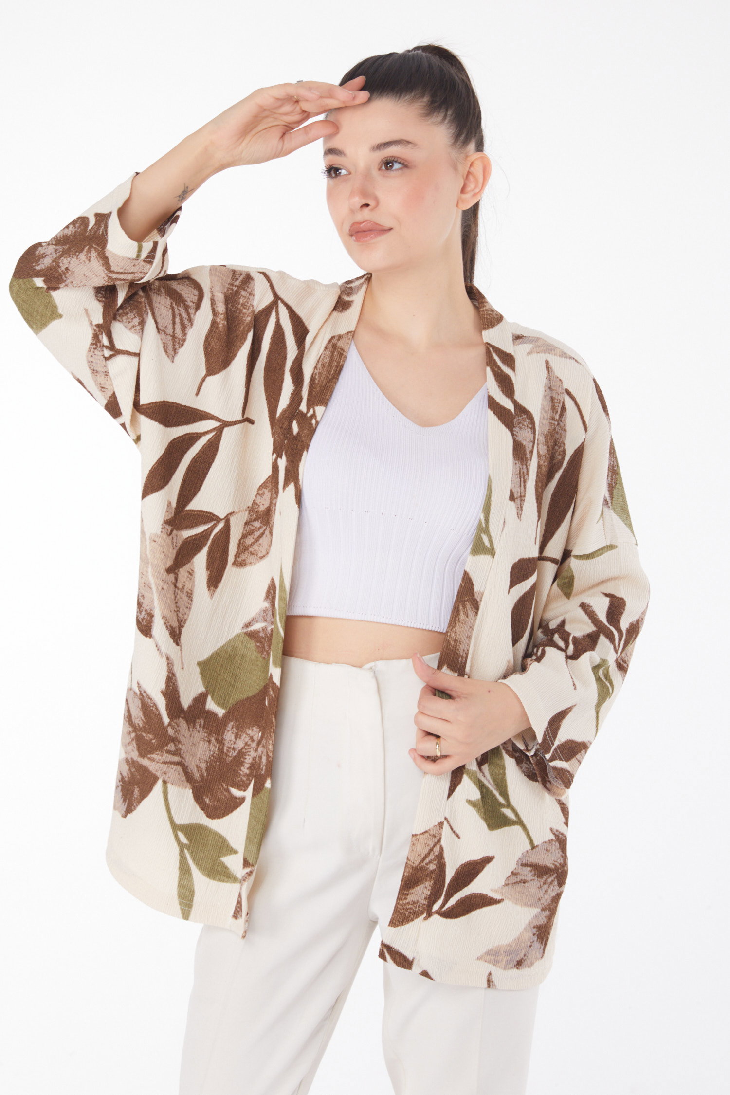 Düz Ceket Yaka Kadın Kahve Desenli Kimono - 25869 - 2