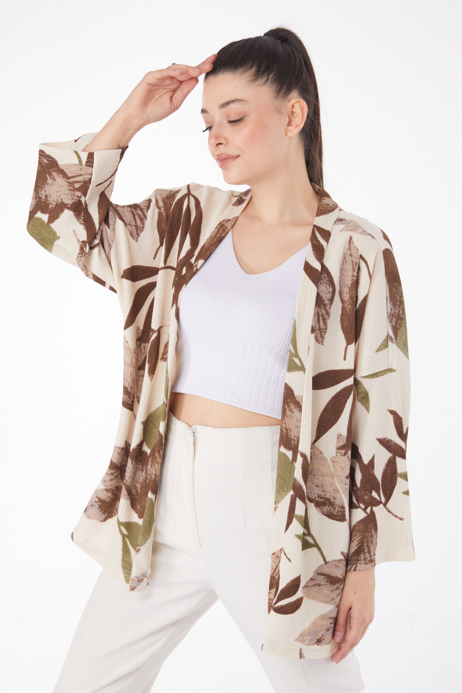 Düz Ceket Yaka Kadın Kahve Desenli Kimono - 25869 - 3