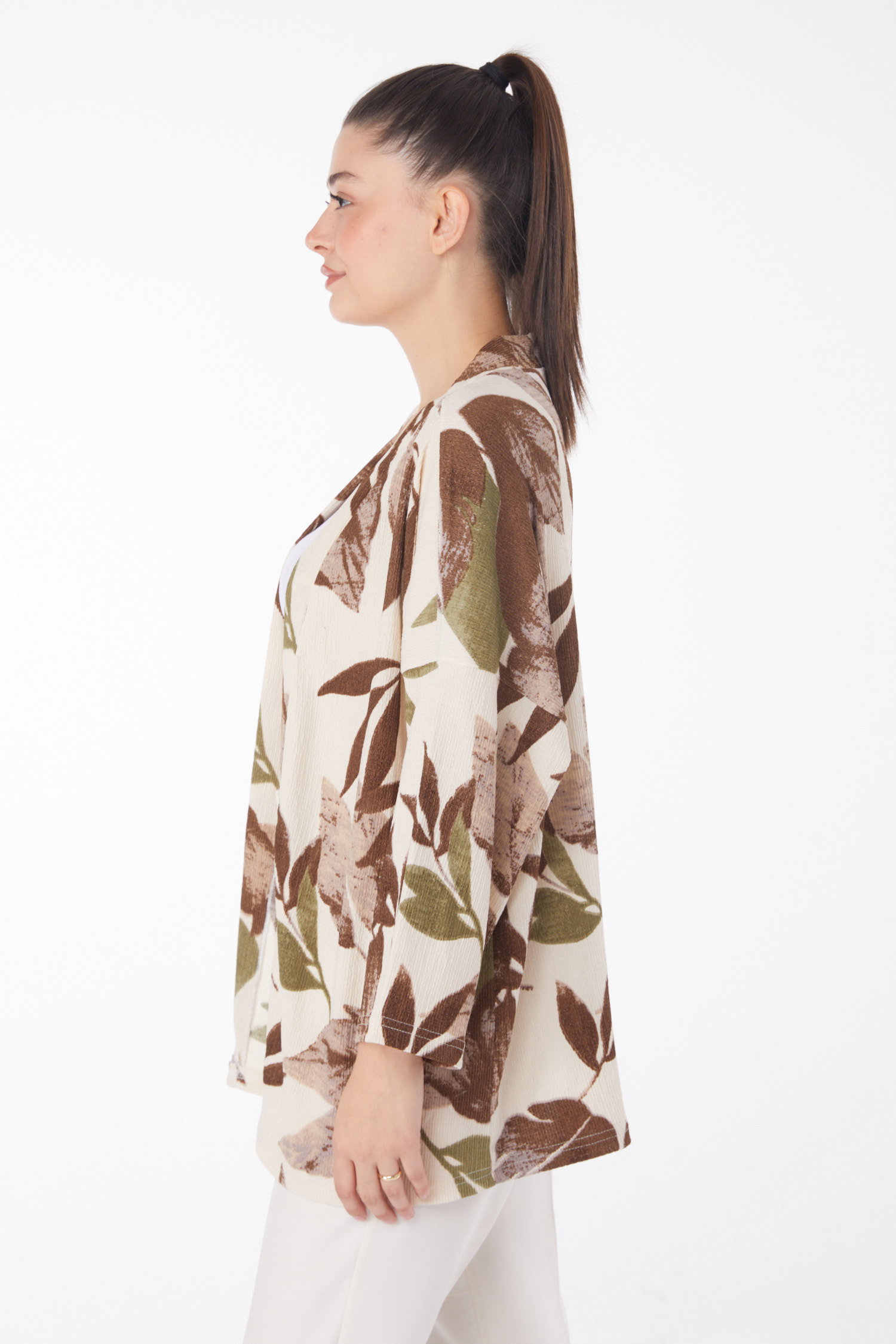 Düz Ceket Yaka Kadın Kahve Desenli Kimono - 25869 - 4