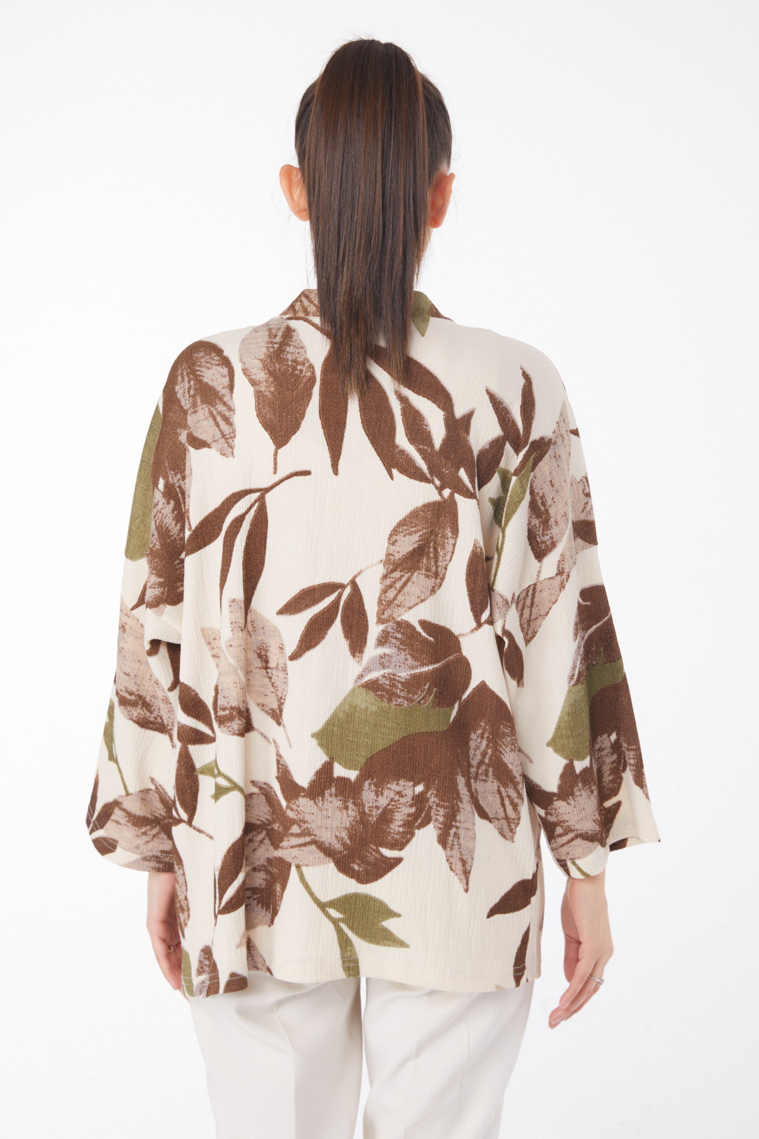 Düz Ceket Yaka Kadın Kahve Desenli Kimono - 25869 - 5