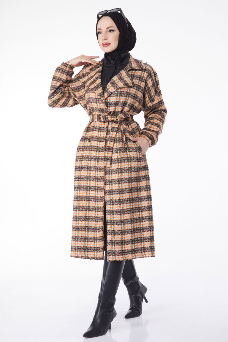 Kruvaze Yaka Kuşaklı Kaşe Kaban Kahve - 13137 - TOFİSA