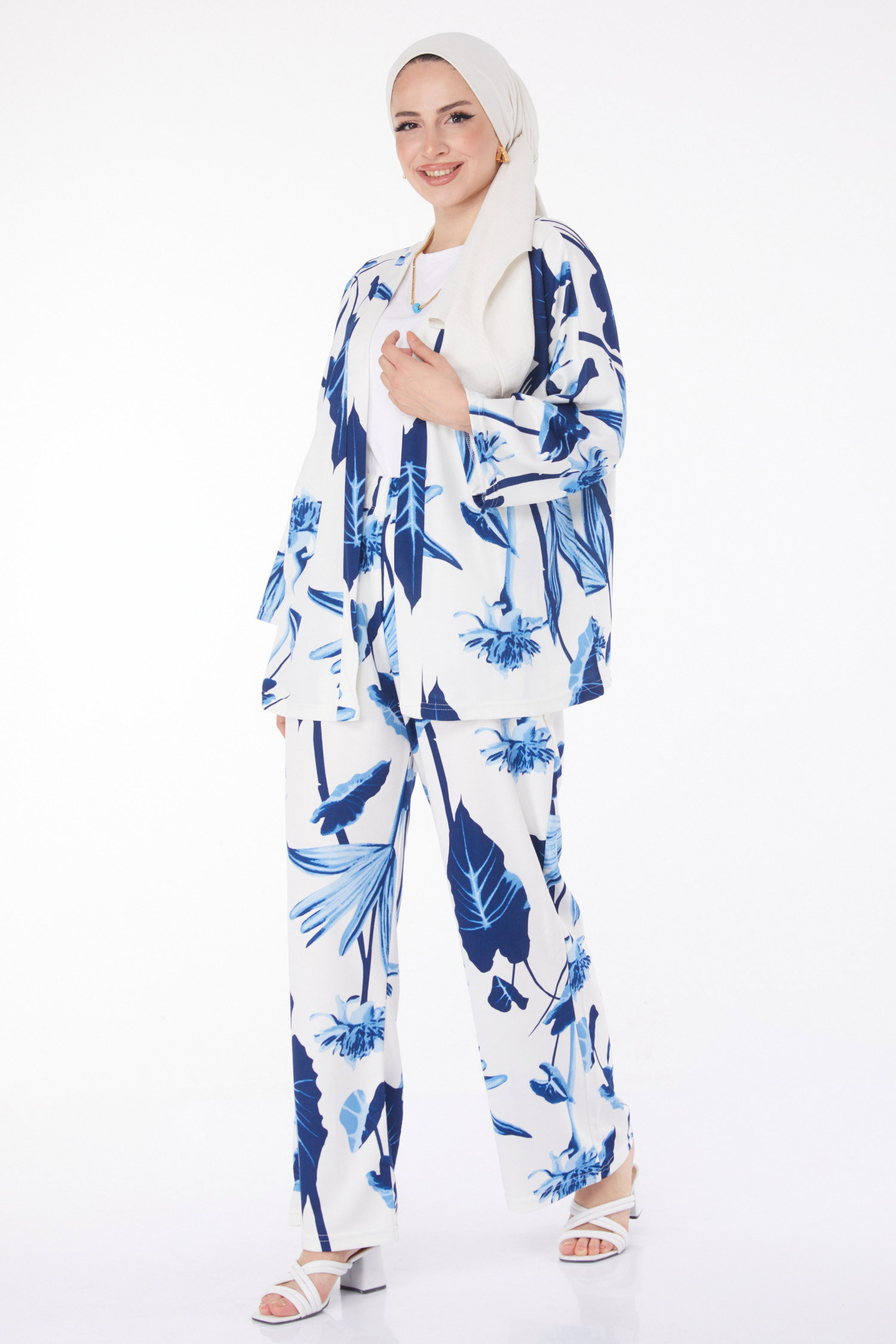 Düz Ceket Yaka Kadın Lacivert Desenli Kimono Takım - 25875 - 1