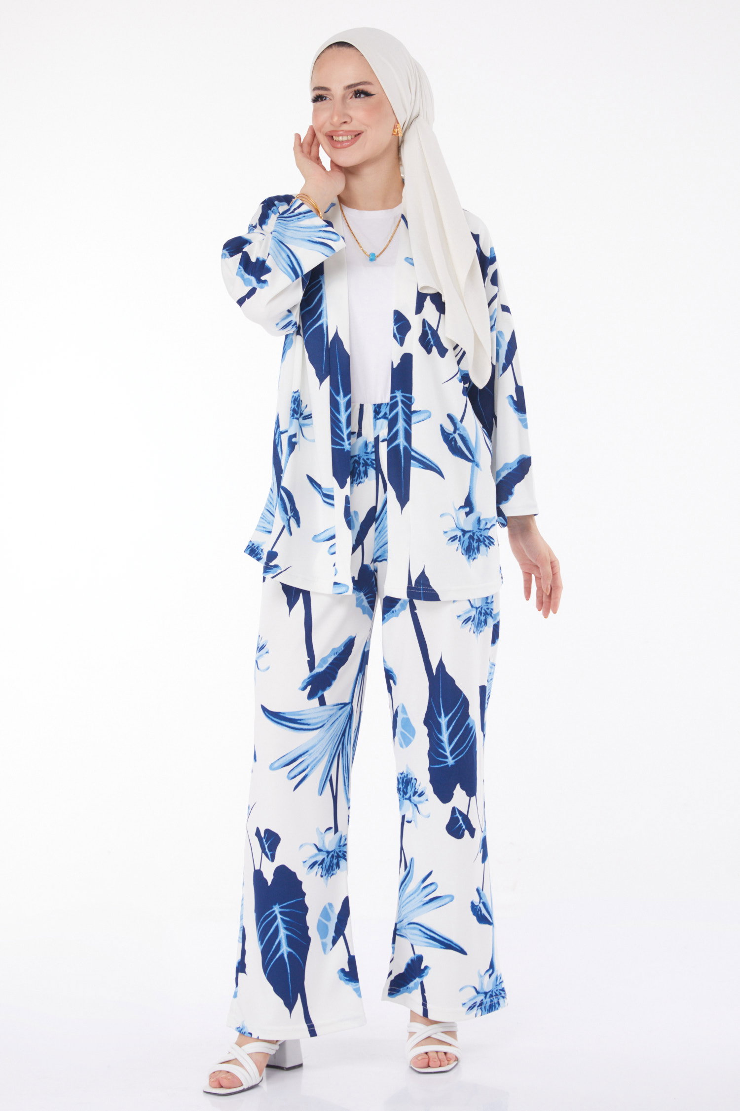 Düz Ceket Yaka Kadın Lacivert Desenli Kimono Takım - 25875 - 2