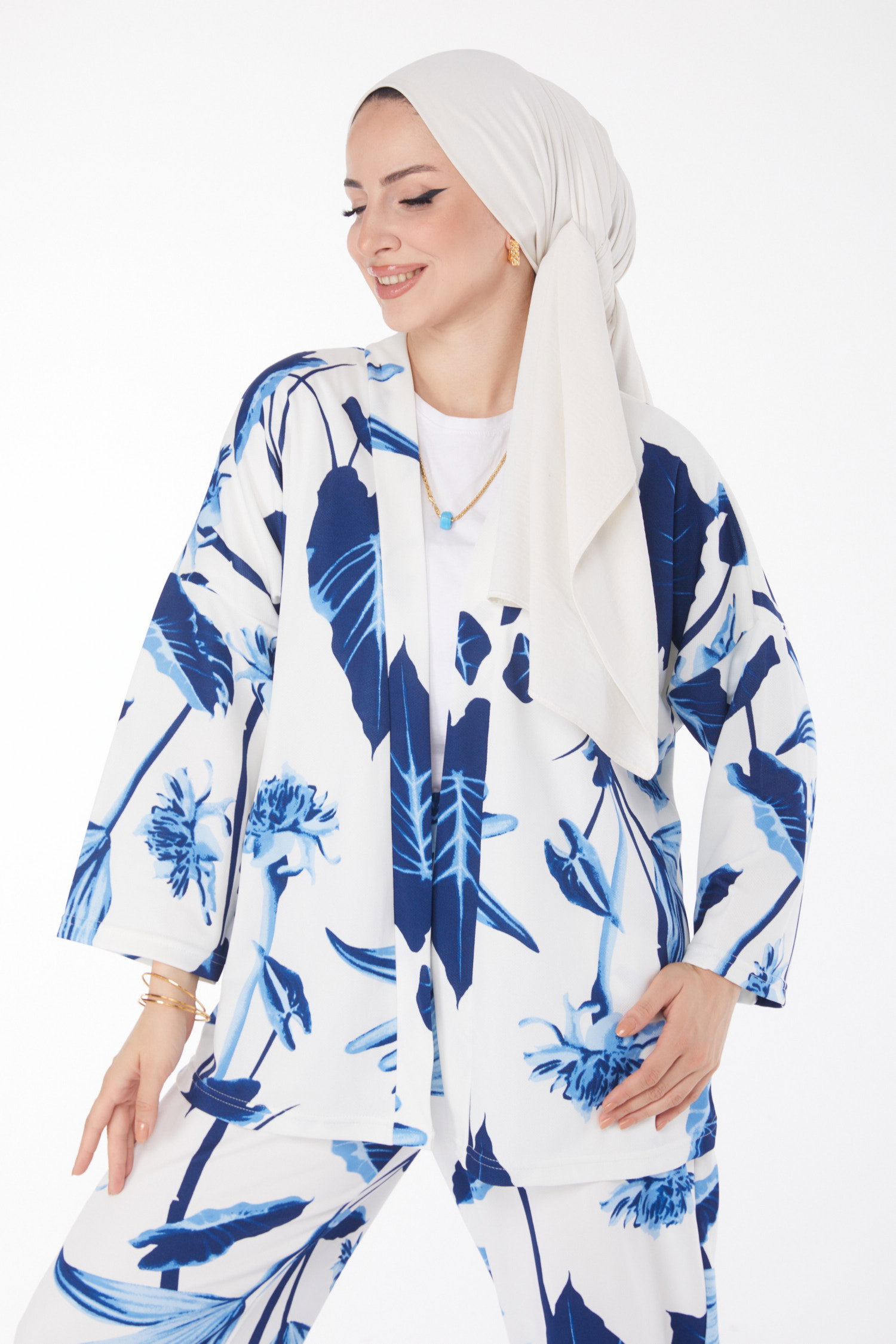 Düz Ceket Yaka Kadın Lacivert Desenli Kimono Takım - 25875 - 3