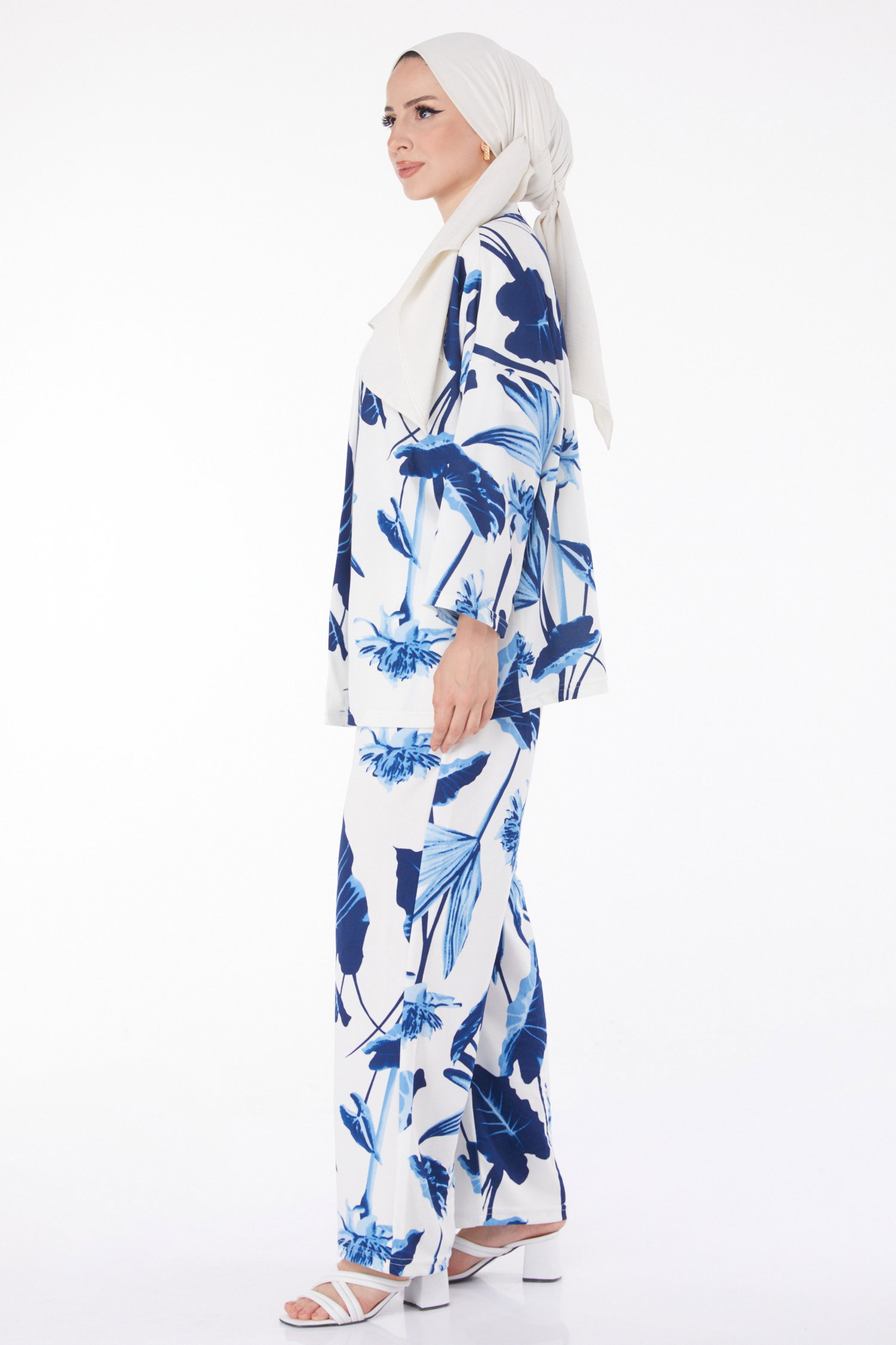 Düz Ceket Yaka Kadın Lacivert Desenli Kimono Takım - 25875 - 4