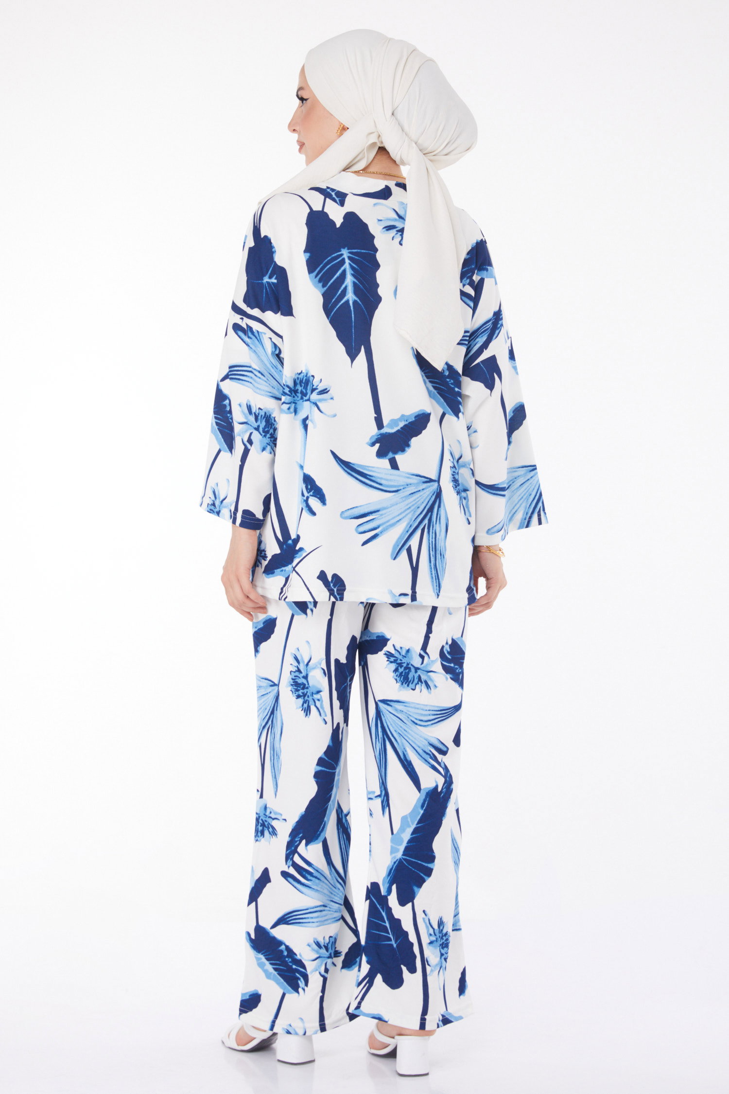 Düz Ceket Yaka Kadın Lacivert Desenli Kimono Takım - 25875 - 5